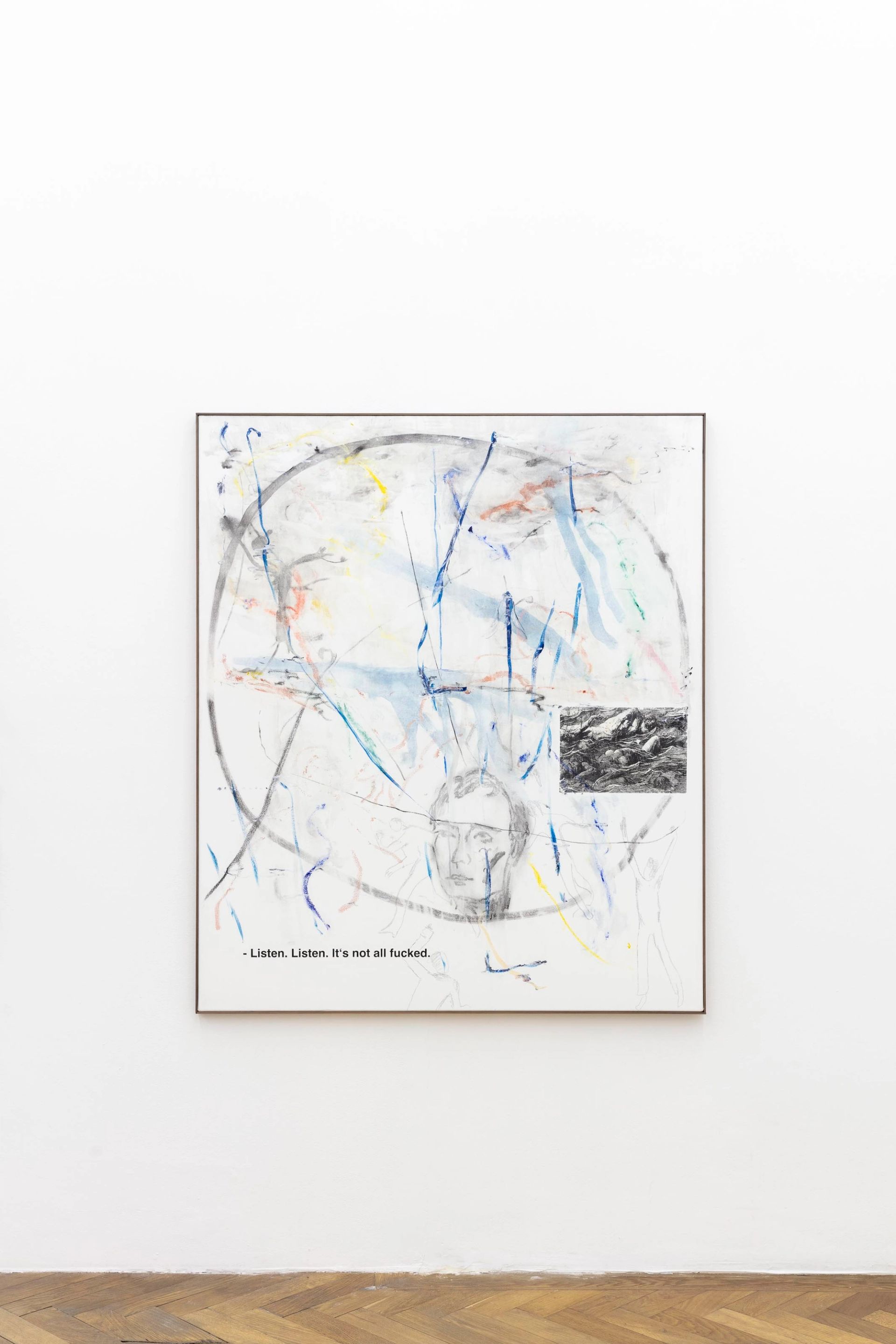 Malte Zenses, Anti Folk, 2024, oil, gouache, pencil and paper on canvas in custom walnut frame, 130 × 110 cm