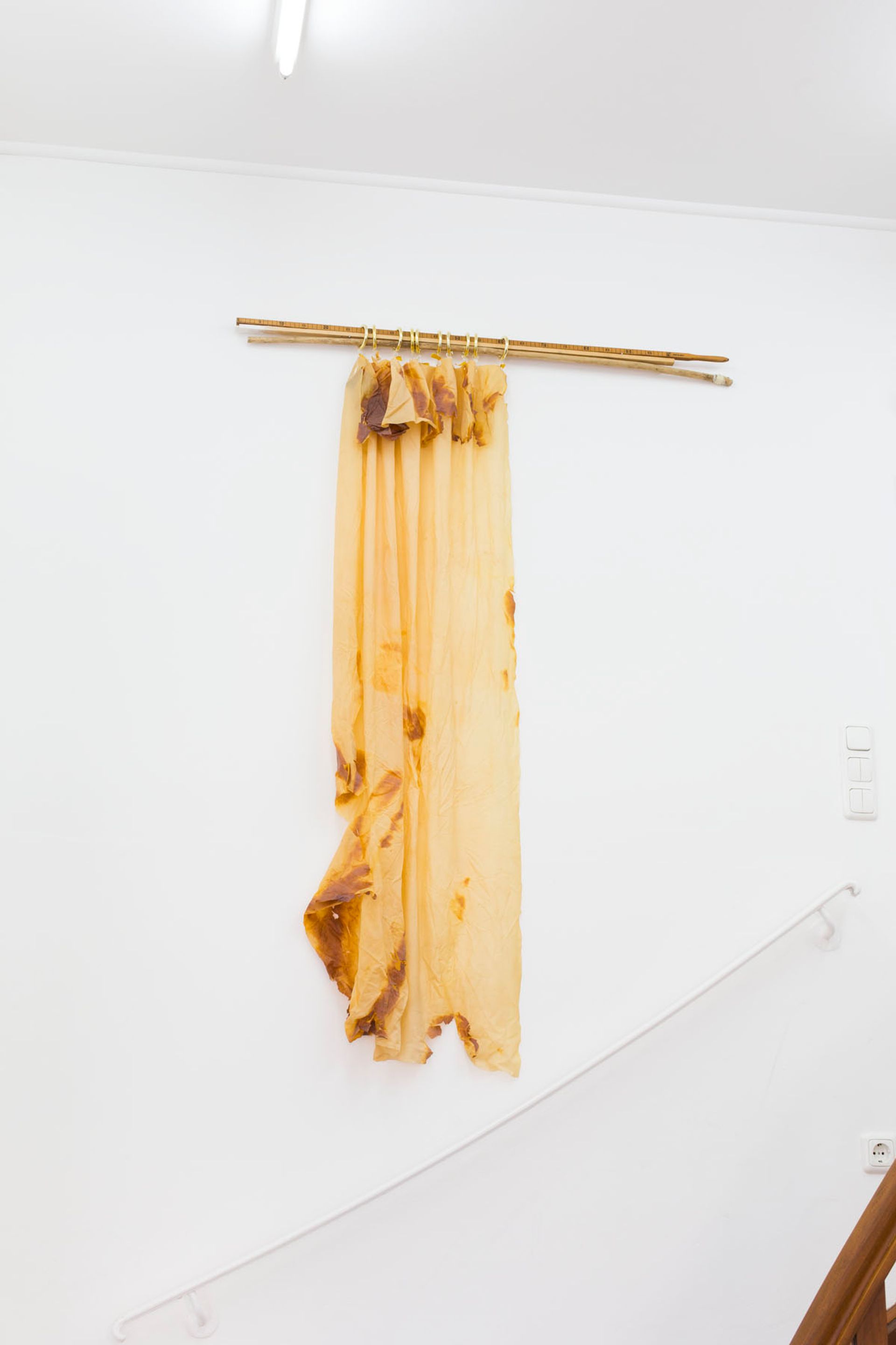 Anna McCarthy, High Level Shower Curtain, 2016, burnt silicone, plastic, wood, 165 × 125 cm