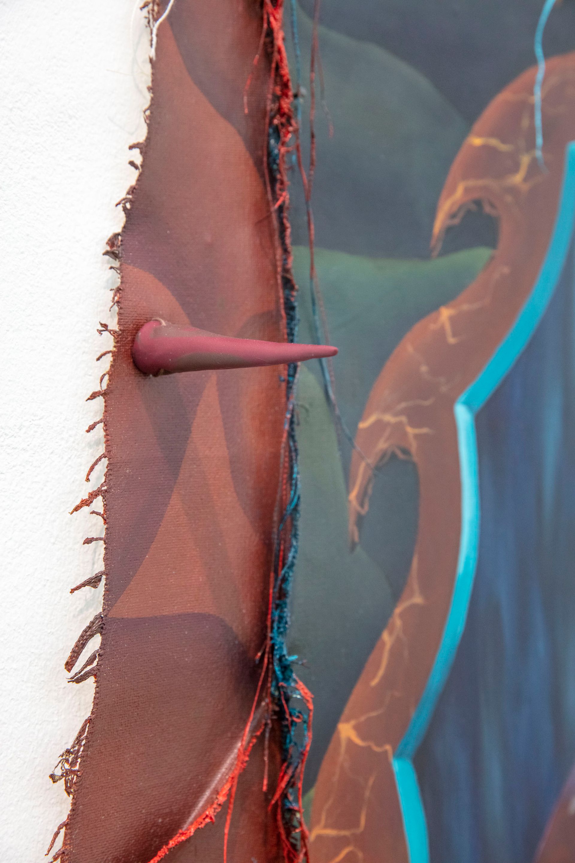 Dominika Dobiášová, The Cup Overflowed, 2021, acrylic on stitched canvas without frame modelling clay and cotton strings, 132 × 107 cm