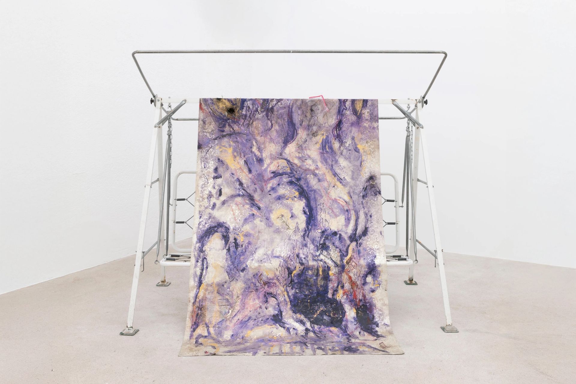 Anna McCarthy, Butterfly Bush, 2025, acrylic, charcoal, newspaper on chrome-plated waxcloth, 315 × 137 cm (over a sweetheart swing / Hollywoodschaukel)
