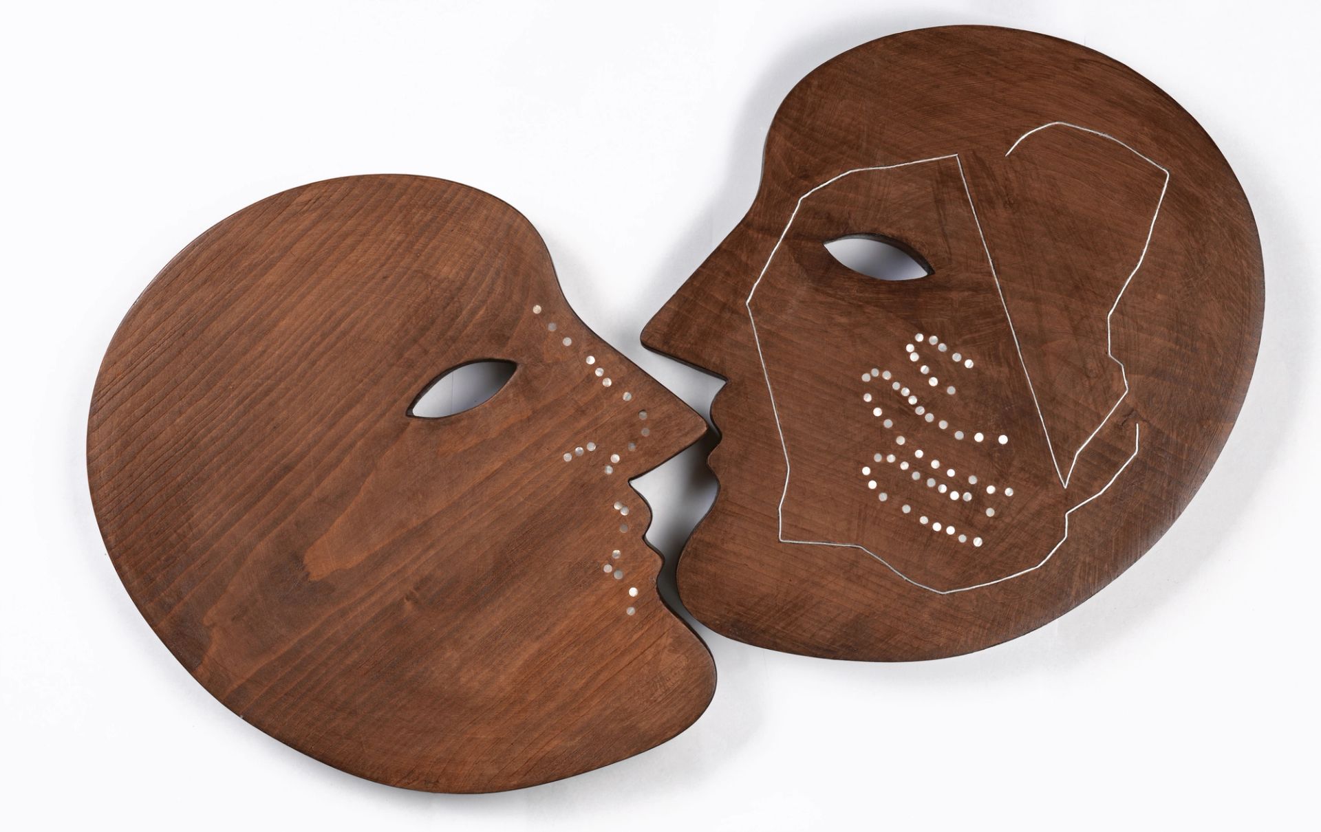 Anousha Payne, face of light (between the cracks) [left], a fossil of a hand (in the touch of a cheek)[right], 2025, deadstock mother of pearl and aluminium inlaid wood, approx. 35 × 25 × 3 cm  each