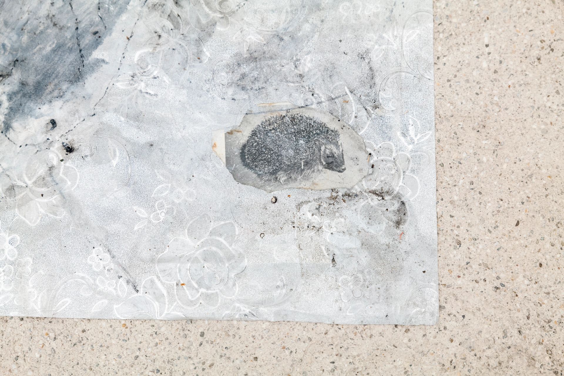 Anna McCarthy, Worms, 2025, acrylic, charcoal, mixed media on chrome-plated waxcloth, 460 × 137 cm