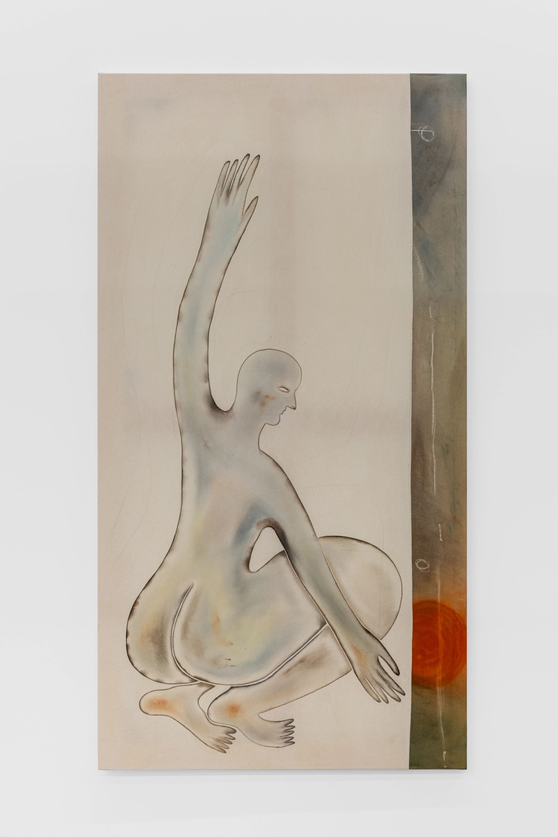 Anousha Payne, S h i f t s (with the sun), 2025, chalk pastel, wax, watercolour and gel medium on stretched cotton, 170 x 90 cm