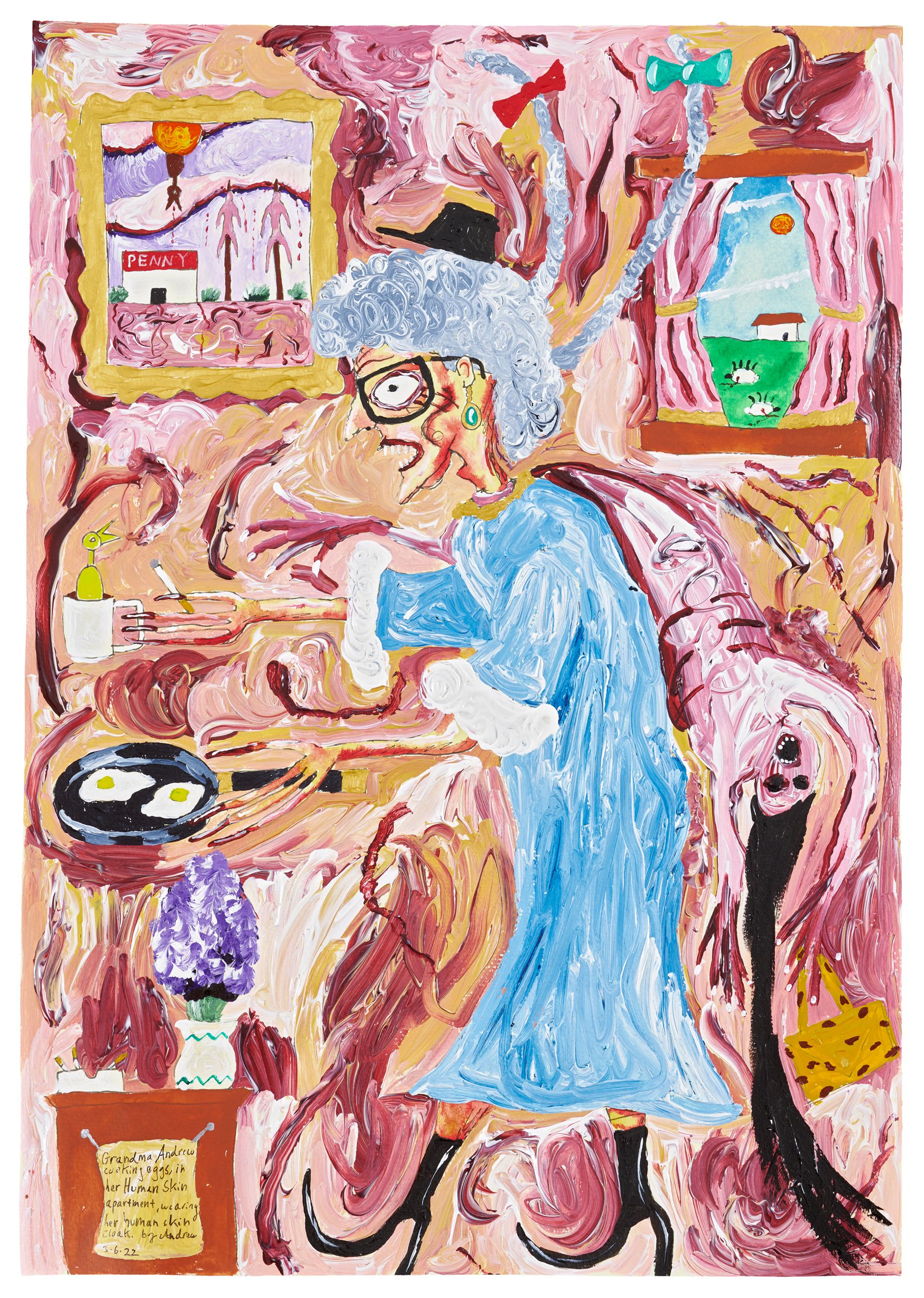 Andrew Gilbert, 'Grandma Andrew cooking eggs, in her Human Skin apartment, wearing her human skin cloak', 2022, acrylic, watercolor and fineliner on paper, 42 x 30 cm