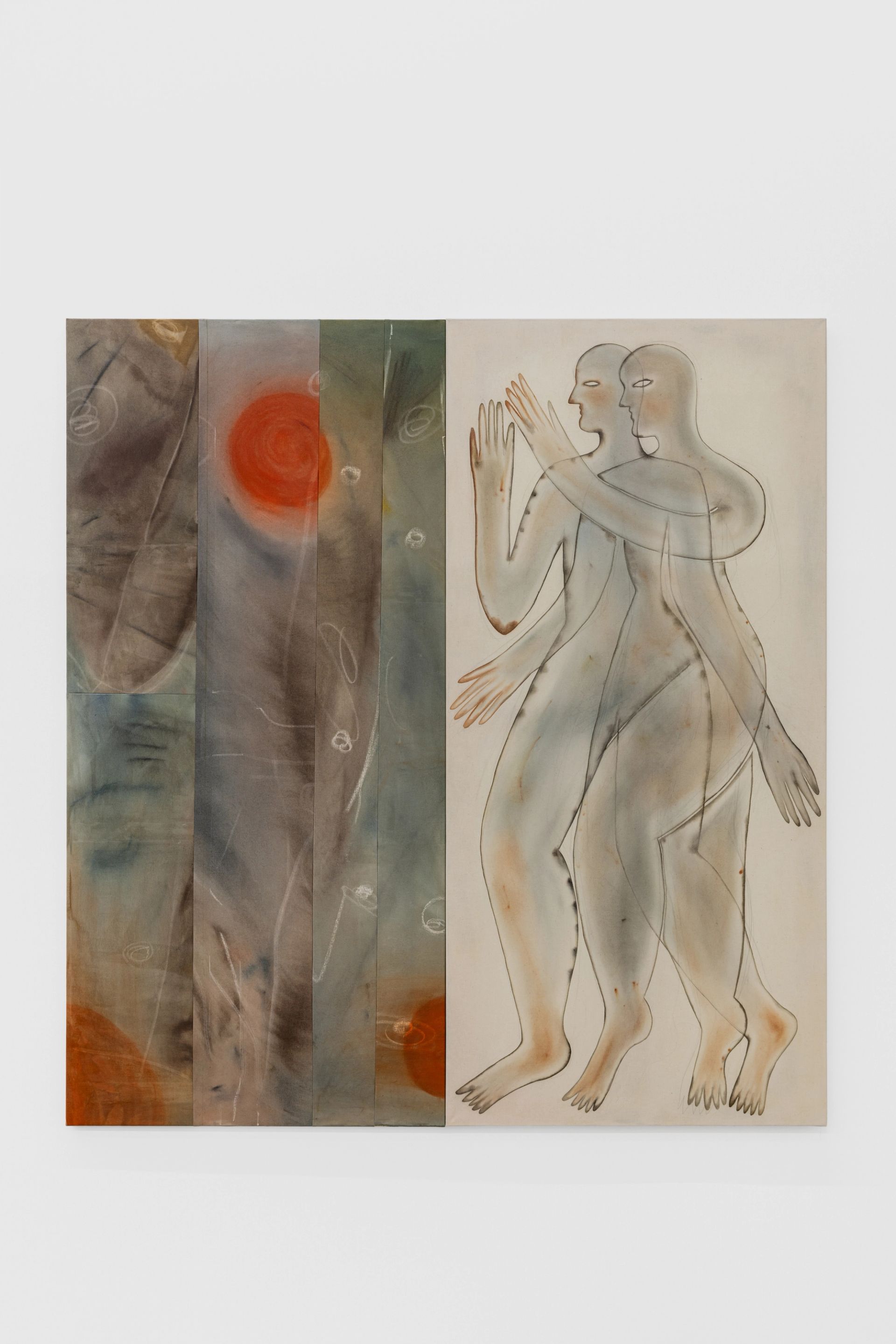 Anousha Payne, Glass bodies (raising the sun), sung,          s    u    n,             s u n g, 2025, chalk pastel, wax, watercolour and gel medium on stretched cotton, Dyptich, 170 × 160 cm