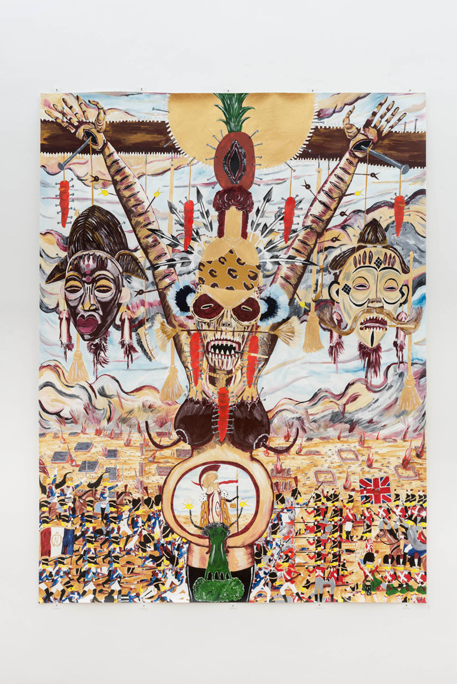 Andrew Gilbert, “The Death of Shaka Napoleon and Birth of the Holy Brocoli, 1815”, 2014, acrylic, watercolor and fineliner on paper, 200 × 150 cm, Photo by Leonie Felle
