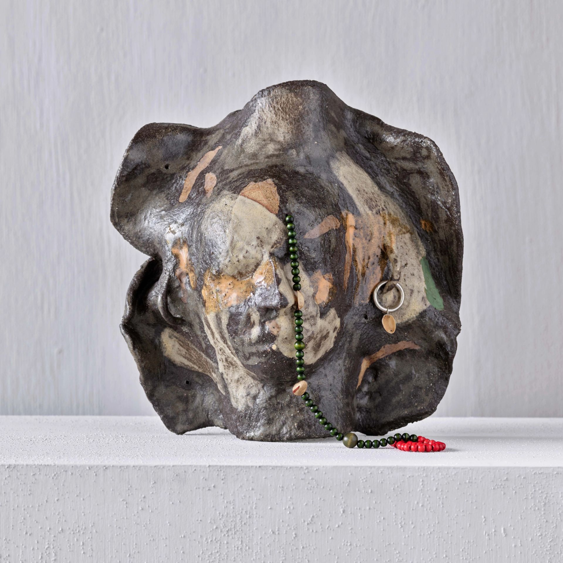 Anousha Payne, Painted tree (asleep), 2024, Glazed stoneware, metal hardware, bronze, 73 × 44 × 88 cm