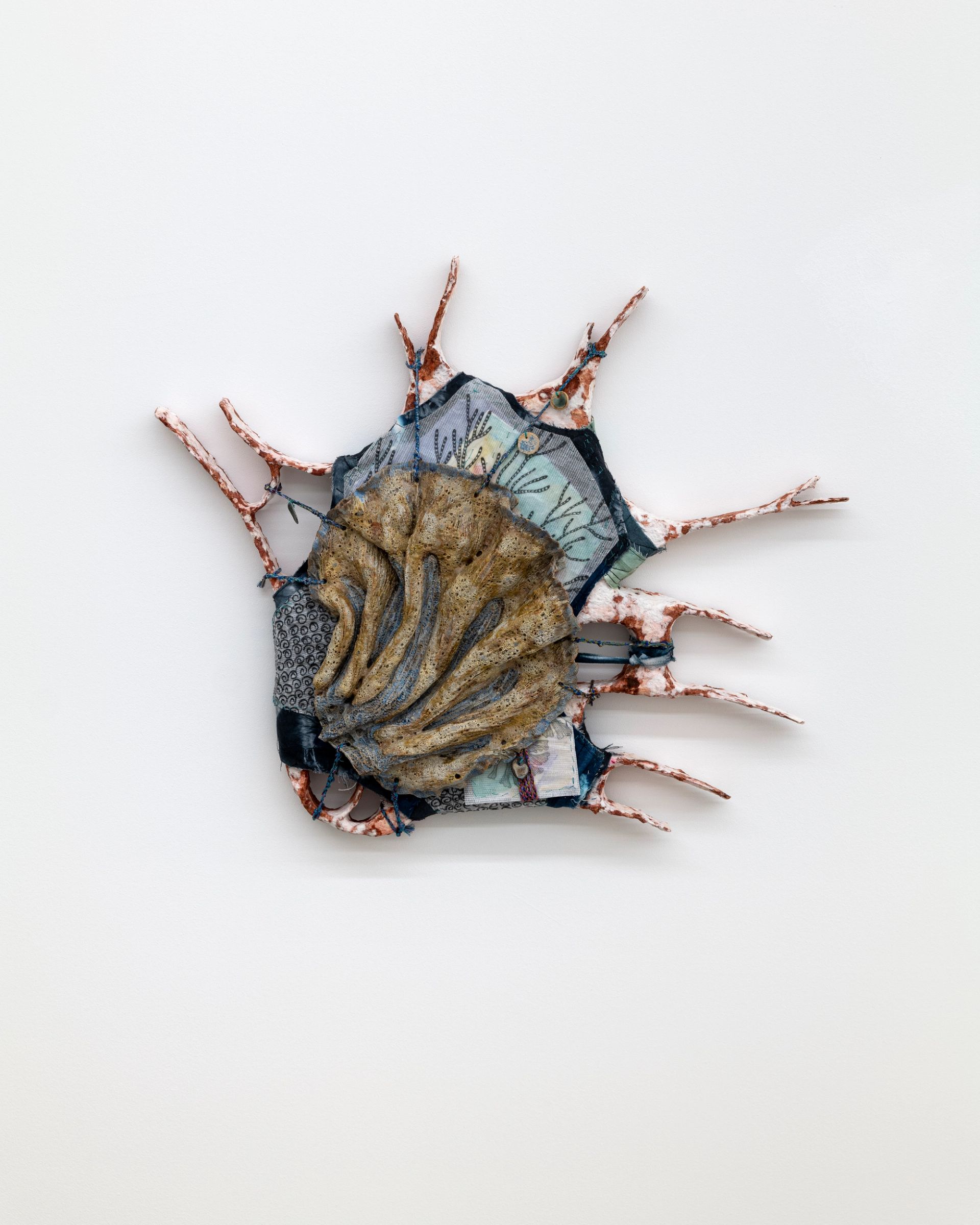 Isabel Nuño de Buen, Codex 48 (the end of things had come), 2025, Paper maché, wire, glazed ceramic, yarn, transparent paper, paper, graphite, charcoal, watercolor, muslin, hand dyed fabric, hand made cords
48 × 56 × 8.5 cm (Courtesy: Chris Sharp, LA)