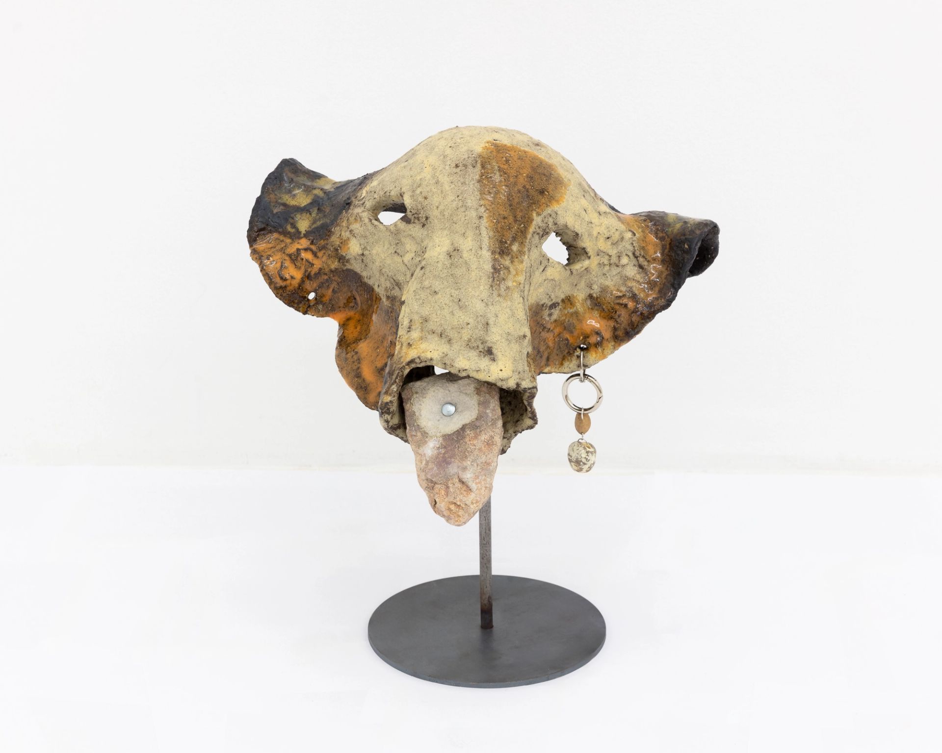 Anousha Payne, Young Elephant, 2024, glazed ceramic stoneware, stone, metal hardware, bronze, head approx. 35 × 40 × 30 cm