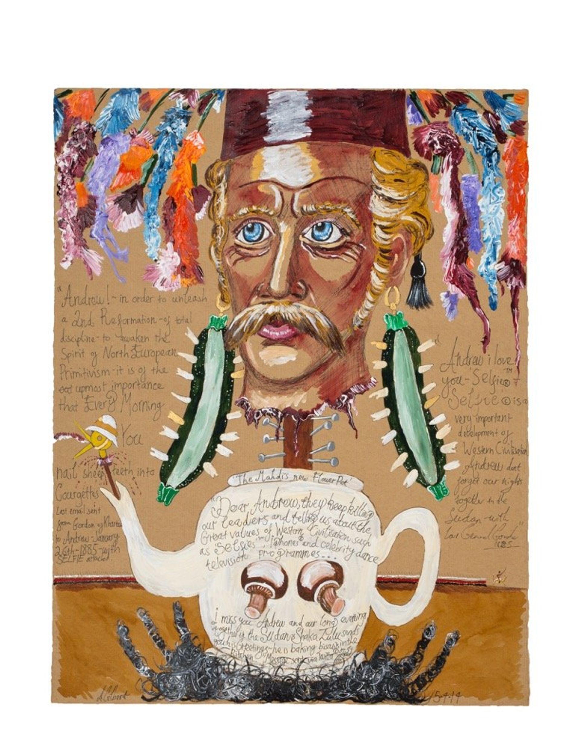Andrew Gilbert, The head of General Gordon as the Mahdi's new Tea Pot, 2014, fineliner, watercolours and acrylic on paper, 62 × 48.4 cm