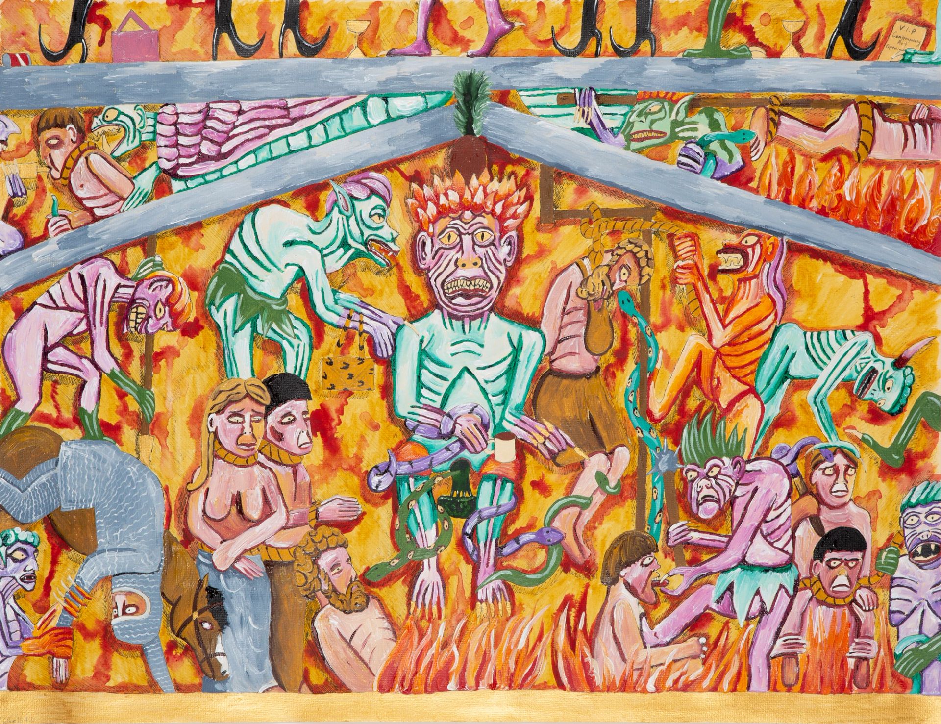 Andrew Gilbert, Hell is a VIP Contemporary Art TM Opening, 2021, acrylic, fineliner and watercolor on paper, 50 × 65 cm