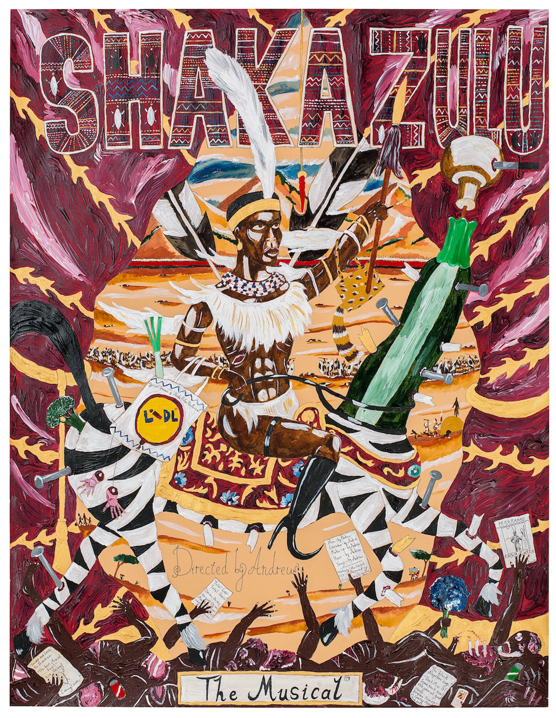 Andrew Gilbert, “SHAKA ZULU - The Musical”, 2016, acrylic, watercolor and fineliner on paper, 64 × 50 cm