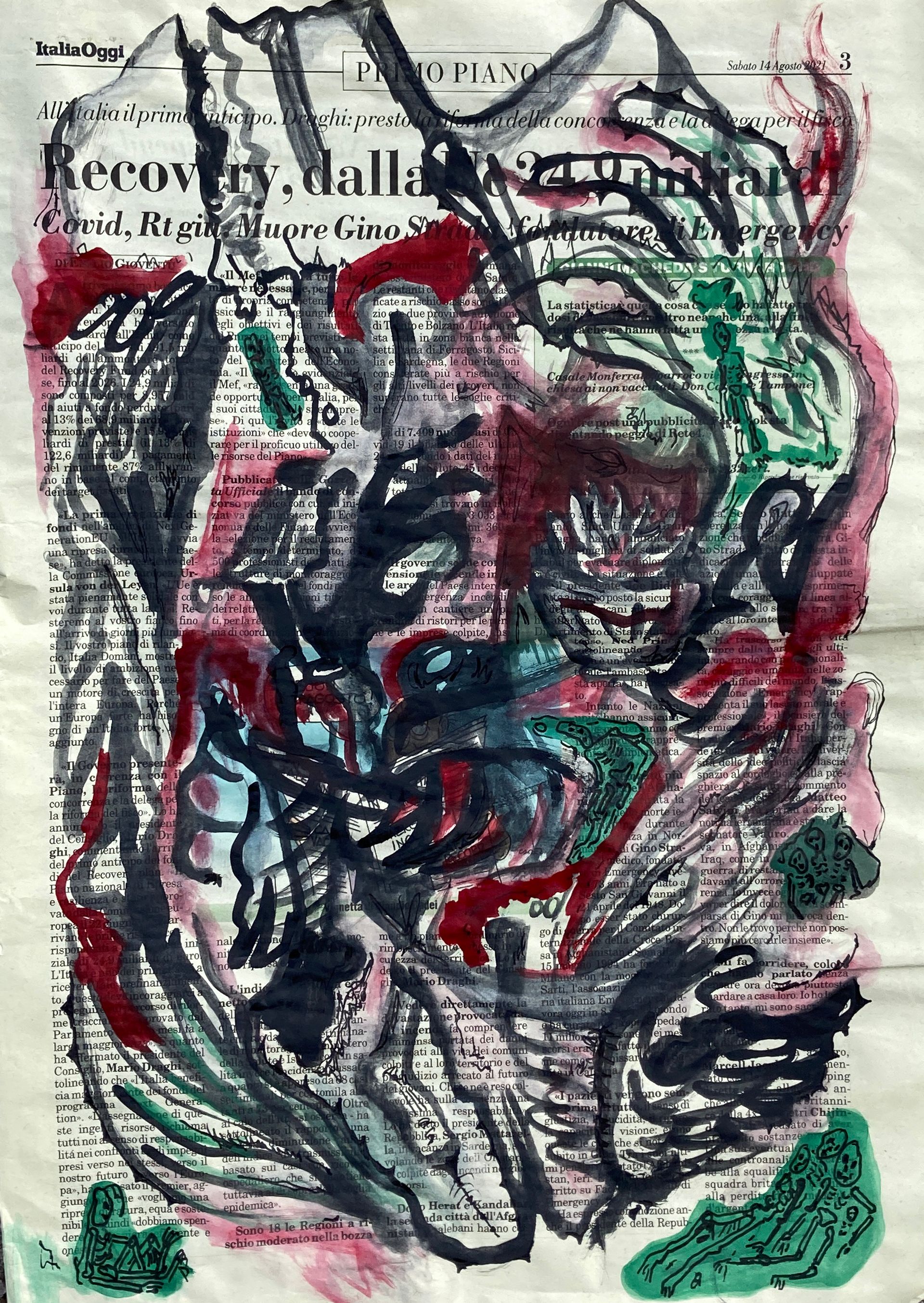 Anna McCarthy, Via Mueli, 2021, indian ink, watercolor on newspaper, 35 x 25 cm