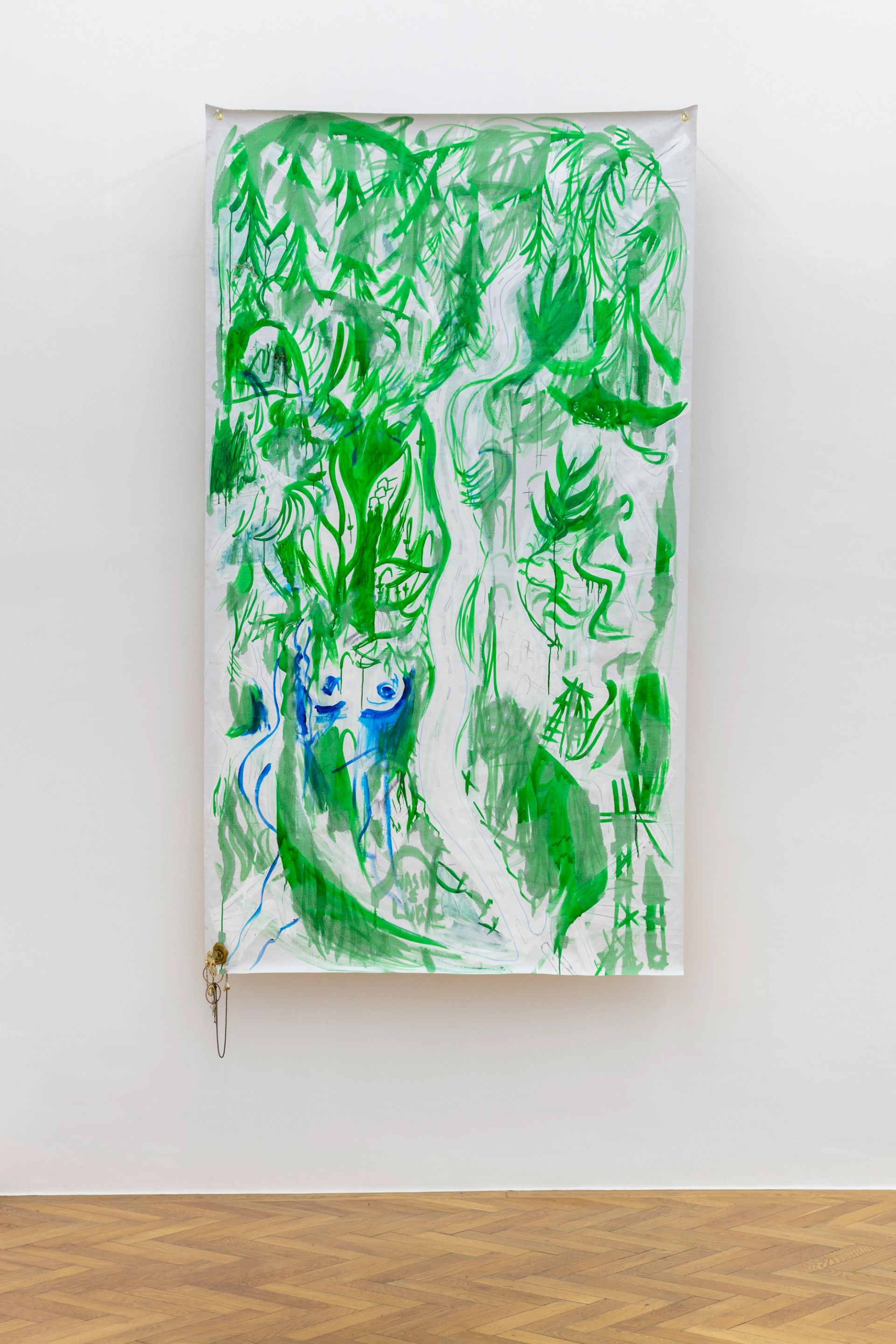 Anna McCarthy, Evergreens Cemetery (Overgrown), 2022, acrylic, ink, permanent marker, Old Man’s Beard, stainless steel, brass, pencil on canvas and vinyl, 250 x 136 cm