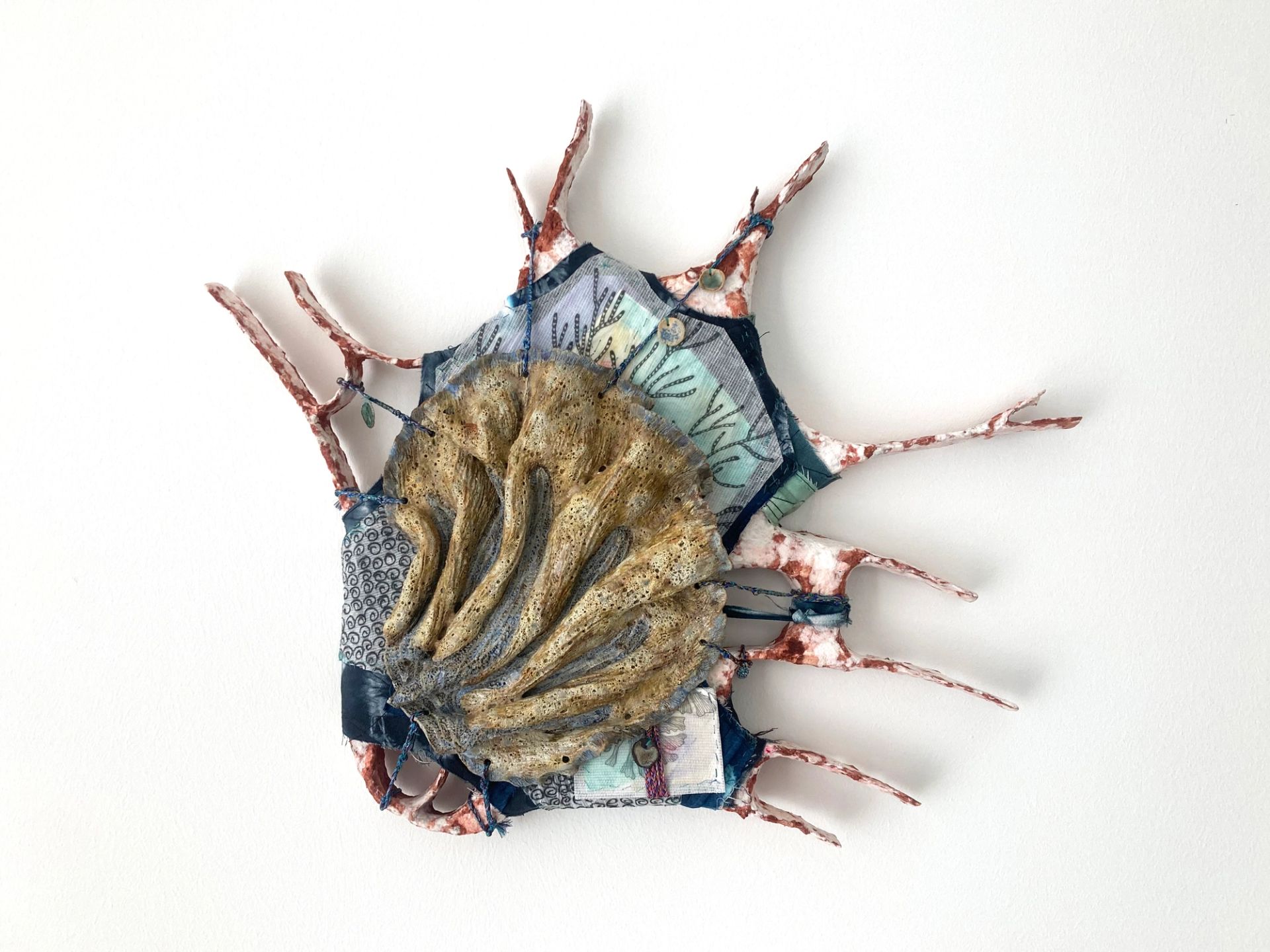 Isabel Nuño de Buen, Codex 48 (the end of things had come), 2025, Paper maché, wire, glazed ceramic, yarn, transparent paper, paper, graphite, charcoal, watercolor, muslin, hand dyed fabric, hand made cords
48 × 56 × 8.5 cm (Courtesy: Chris Sharp, LA)