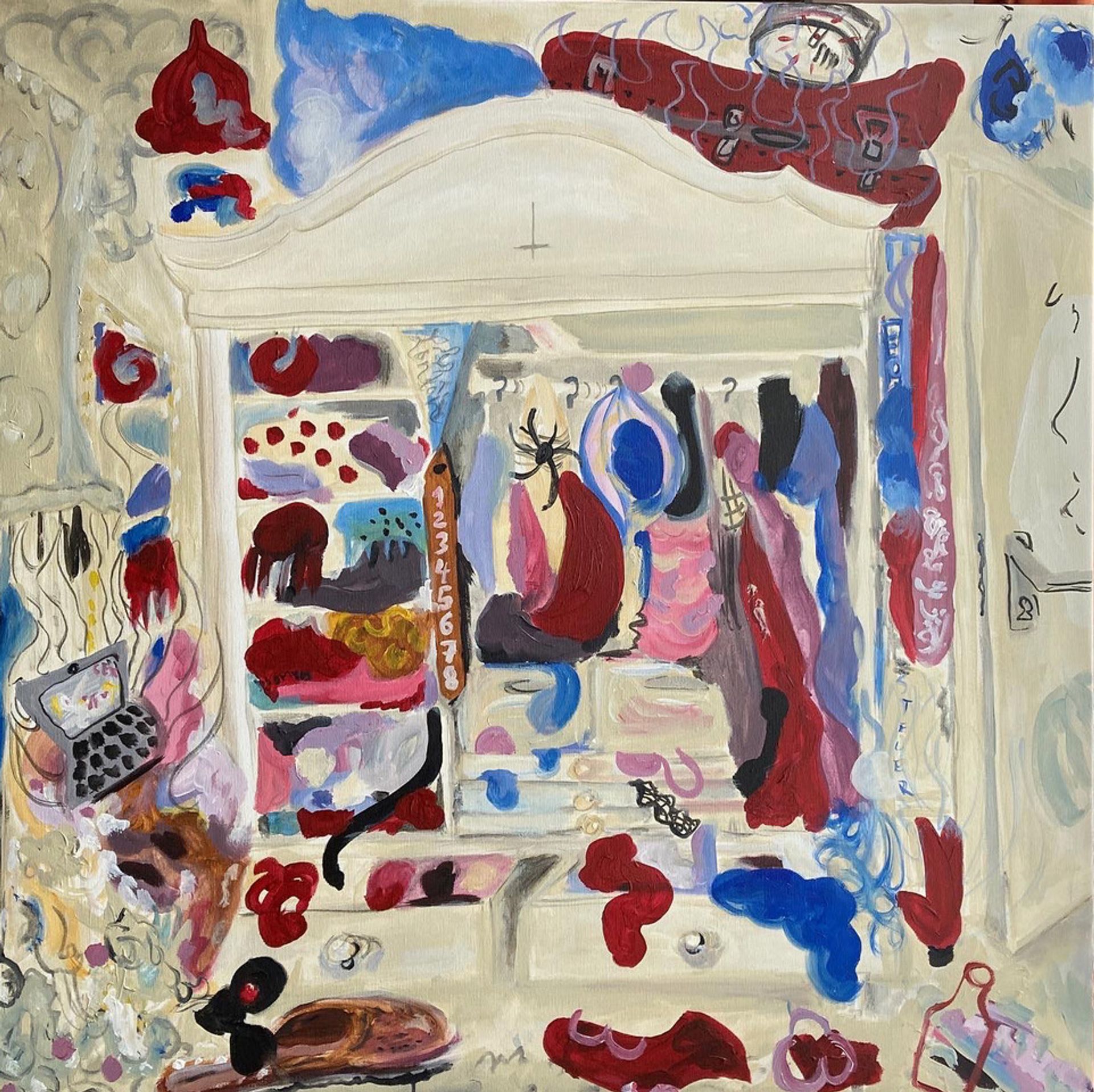 Anna McCarthy, “My Wardrobe”, 2021, acrylic, crayon on canvas, 80 × 80 cm