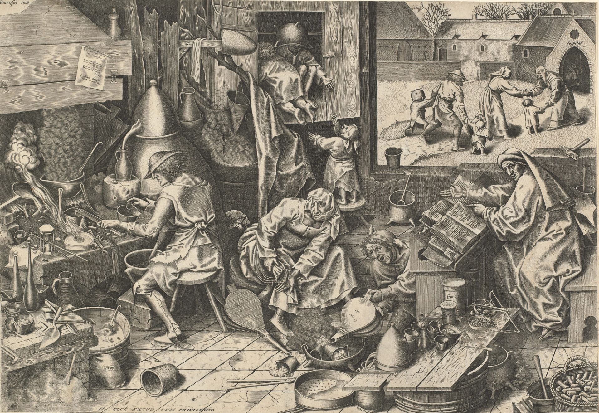 Invite: Pieter Brueghel the Elder, The Alchemist, after 1558, engraved by Philipp Galle