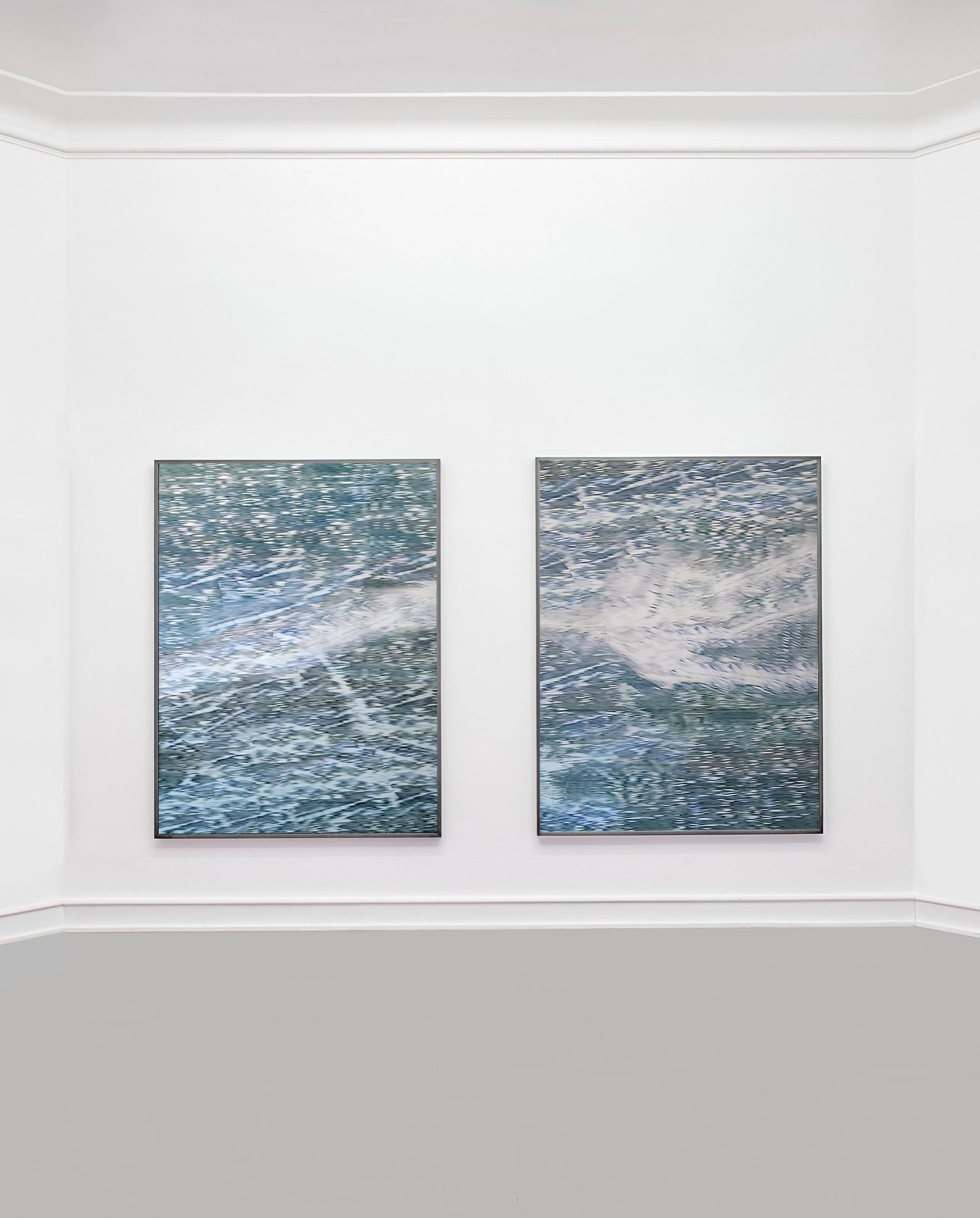 Electric Mountains XV & XVI,, 2020, Lacquer on pigment print, scratched, frame finished in dusty gray, each 160 × 120 cm