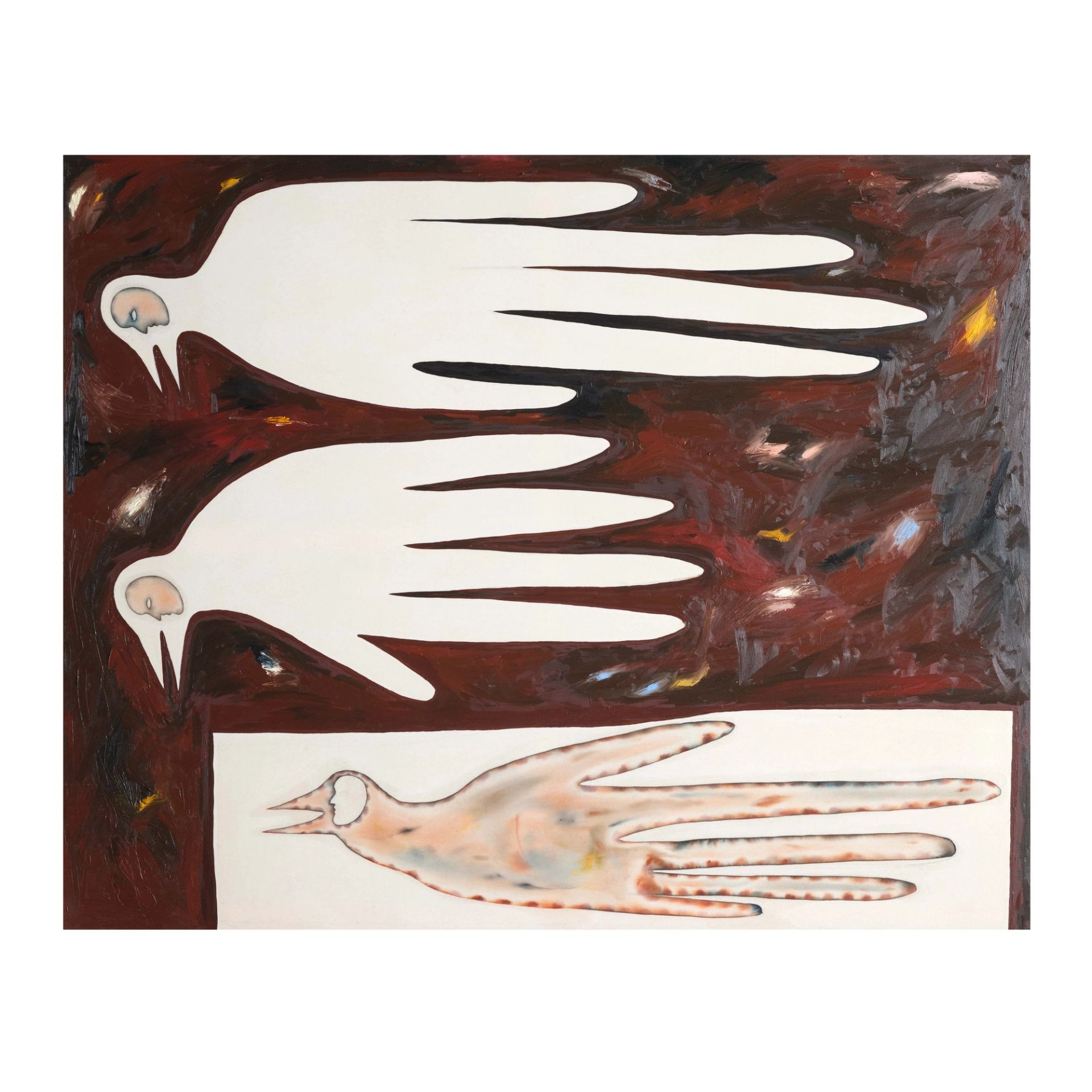 Anousha Payne, Three birds in a dream (after Lucy), 2024, Oil paint, watercolour, gel medium and bio resin on cotton, 160 × 200 cm