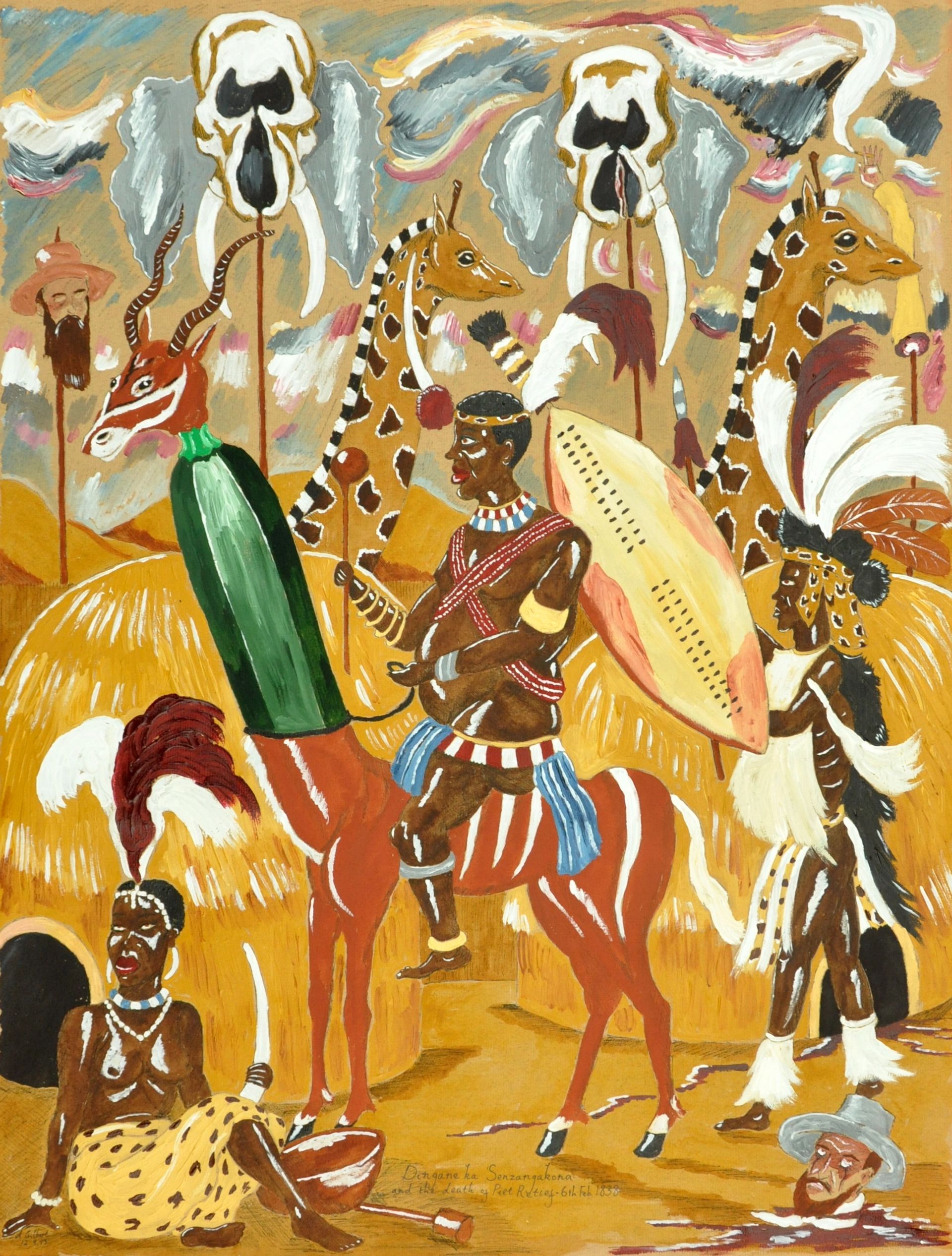 Andrew Gilbert, King Dingane kaSenzagakhona Zulu with head of Piet Retief, 1838, 2013, acrylic, water colour and fineliner on paper, 62 × 48 cm, photo: Sebastian Kissel