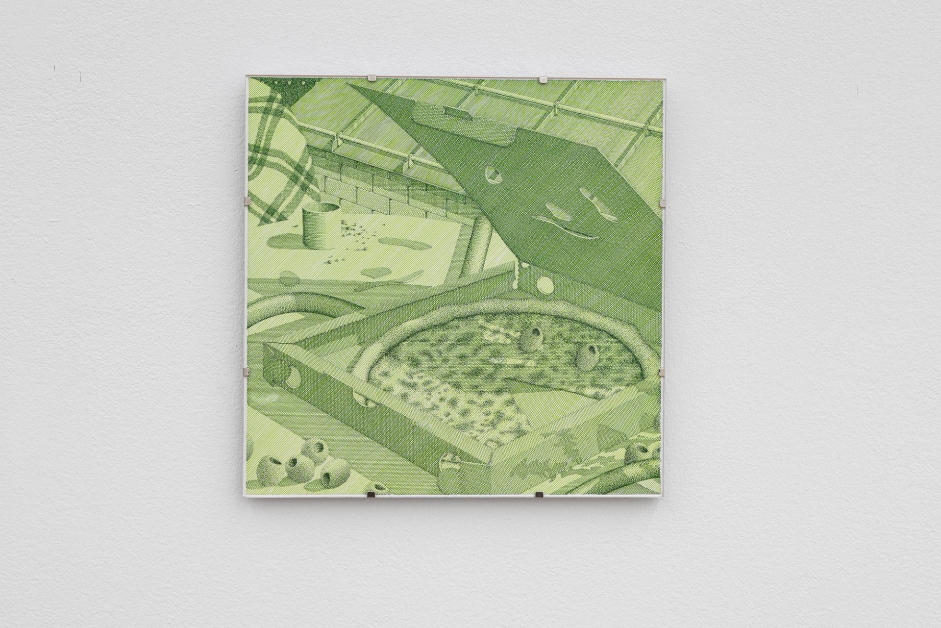 Wolfgang Matuschek, Roof, 2024, indian ink on paper in UV glass aluminum clip frame, 25 × 25 cm