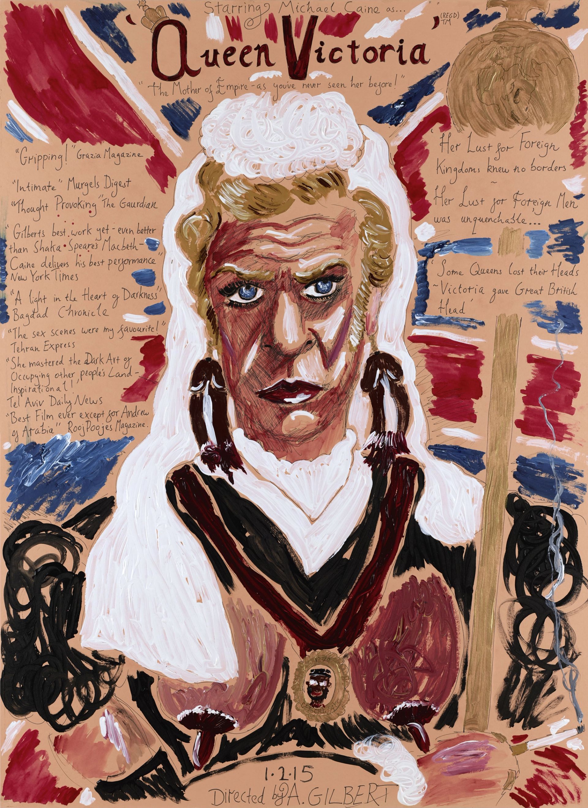 Andrew Gilbert, ,Queen Victoria starring Michael Caine (directed by Andrew),, 2015, acrylic, watercolour and fineliner on paper, 100 × 70 cm