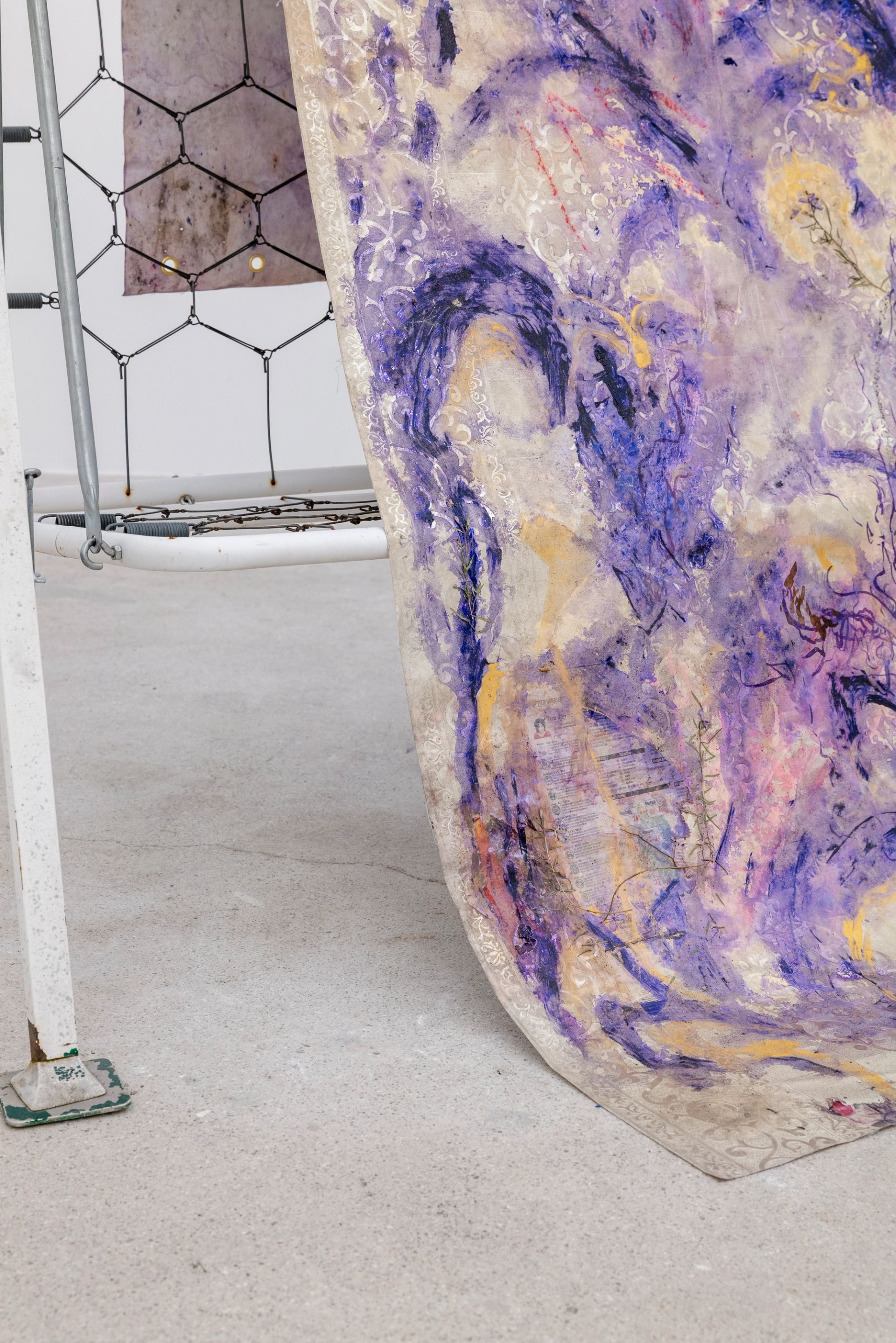 Anna McCarthy, Butterfly Bush, 2025, acrylic, charcoal, newspaper on chrome-plated waxcloth, 315 × 137 cm (over a sweetheart swing / Hollywoodschaukel)