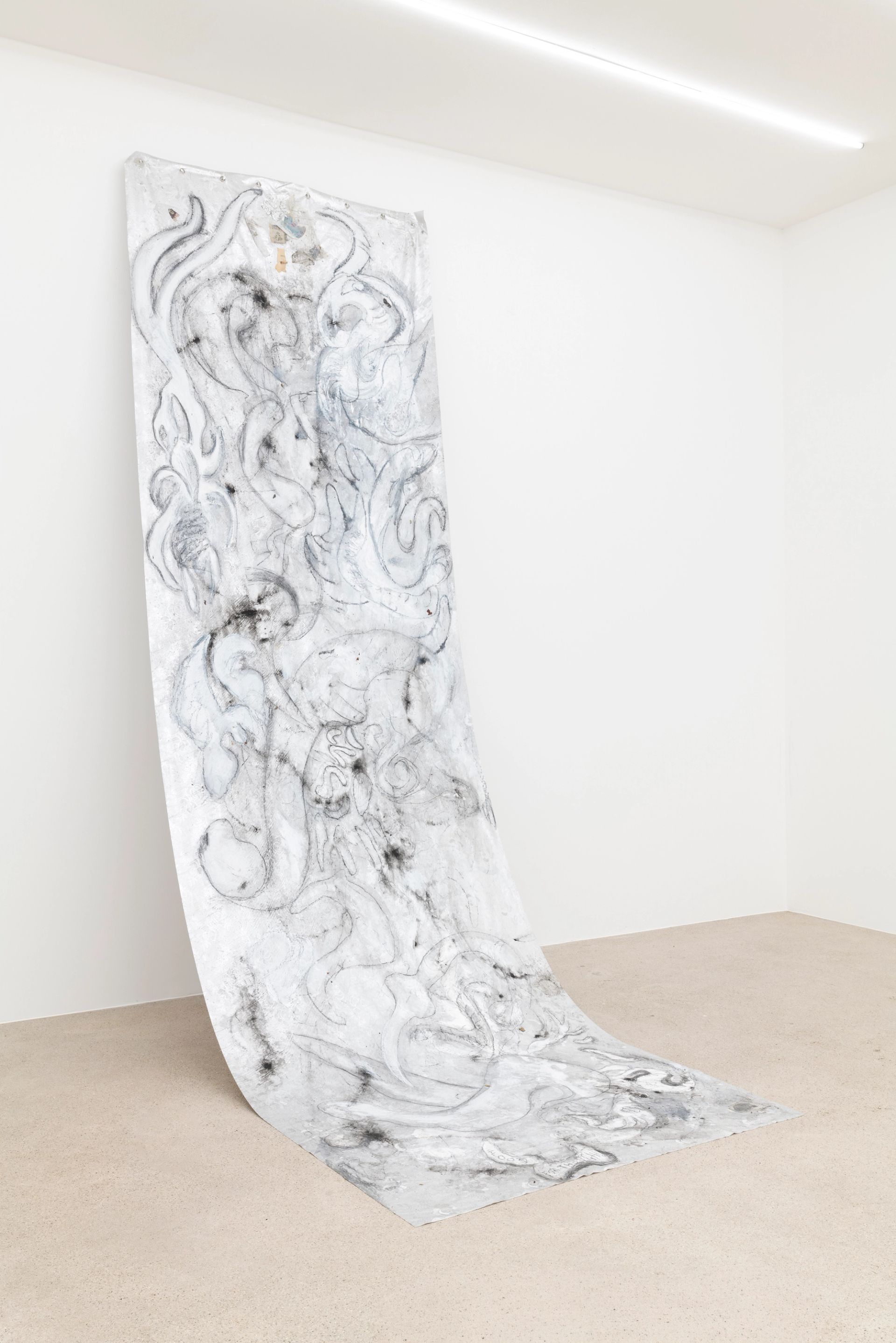 Anna McCarthy, Worms, 2025, acrylic, charcoal, mixed media on chrome-plated waxcloth, 460 × 137 cm
