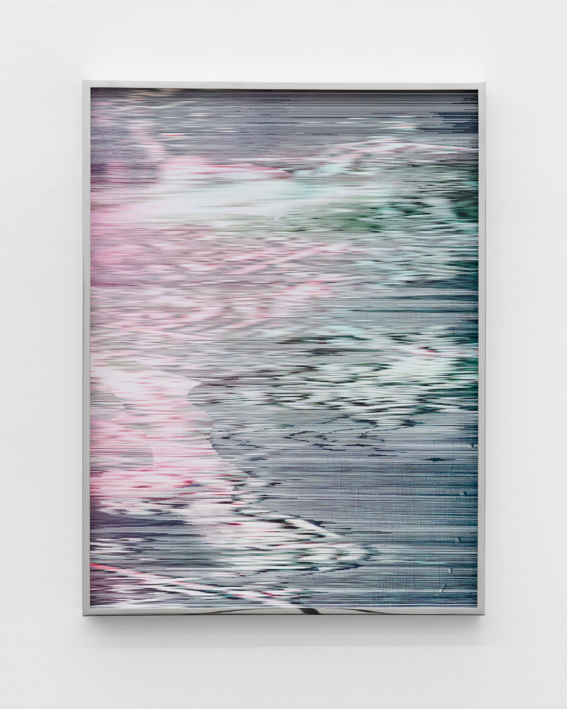 Anna Vogel, Electric Mountains V, 2019 
lacquer on pigment print, scratched, framed in polished chrome, artglass, 
60 × 45 cm
unique

Photo: Sebastian Kissel