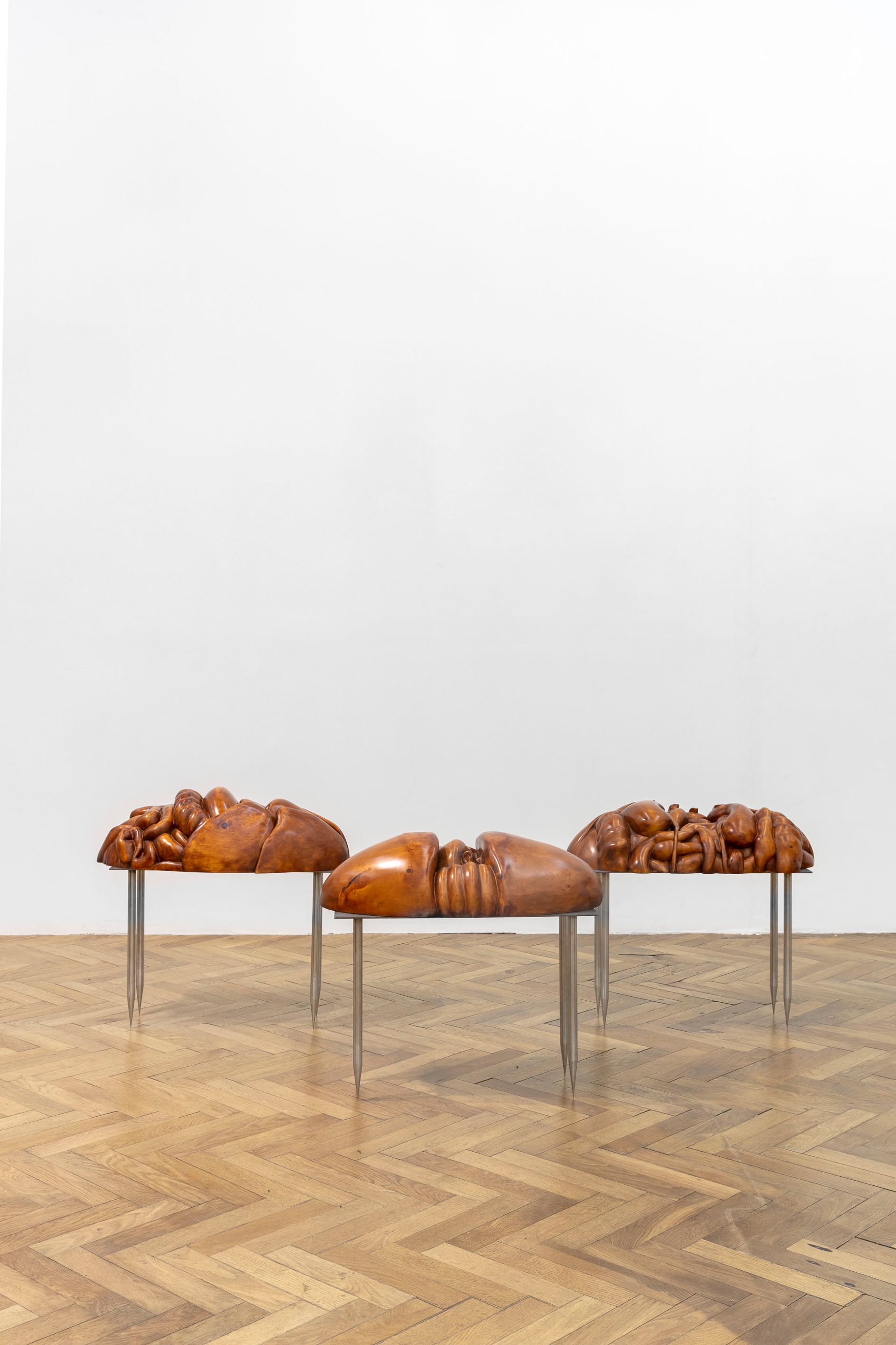 Pakui Hardware, Antidote, 2020, wood, stainless steel pedestal (50cm), each ca. 20 × 80 × 40 cm, Courtesy the artists and Carlier | Gebauer (Berlin/ Madrid)
