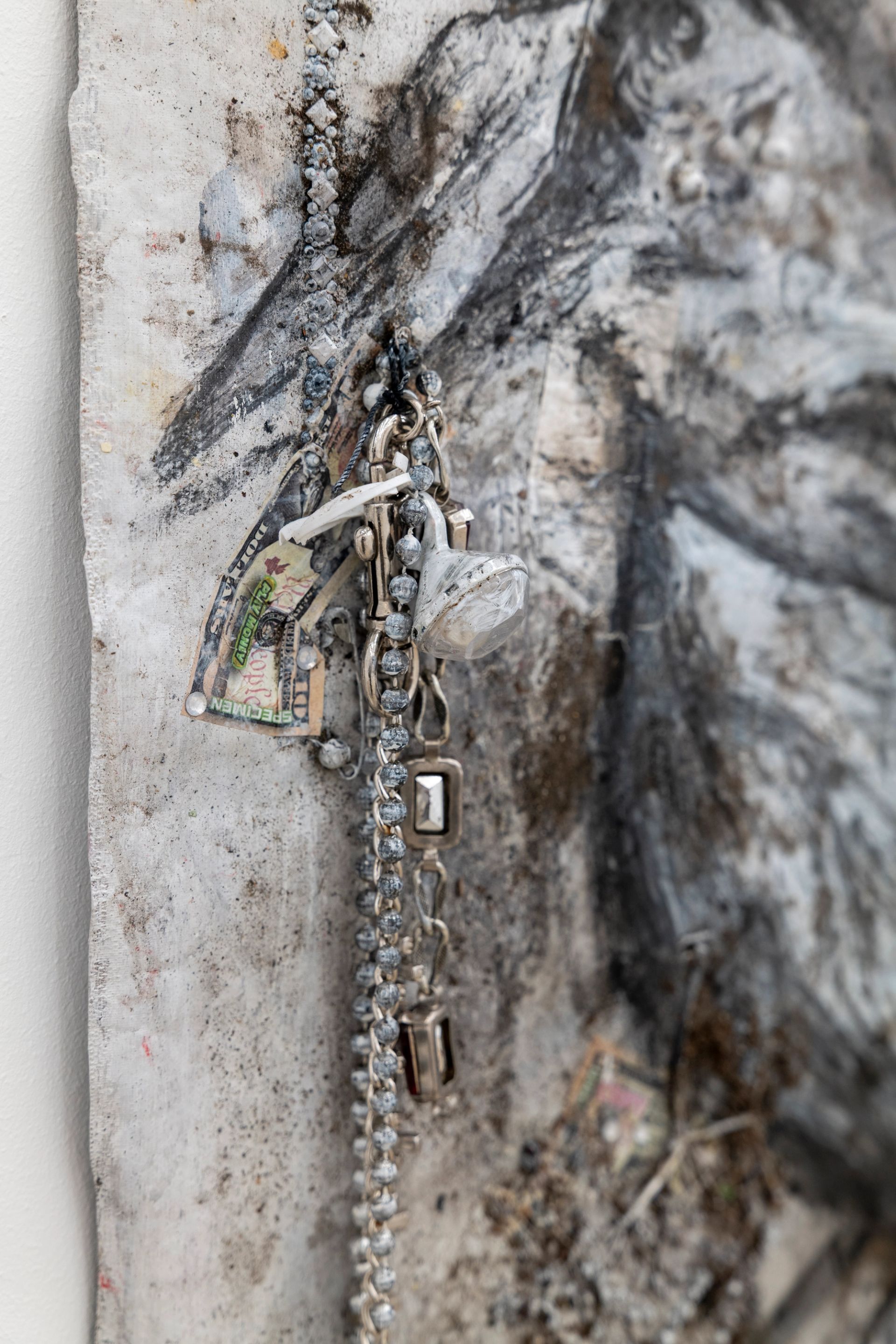 Anna McCarthy, Magpie Island, 2025, acrylic, charcoal, mixed media, elderflowers on chrome-plated waxcloth, 139 × 106 cm
