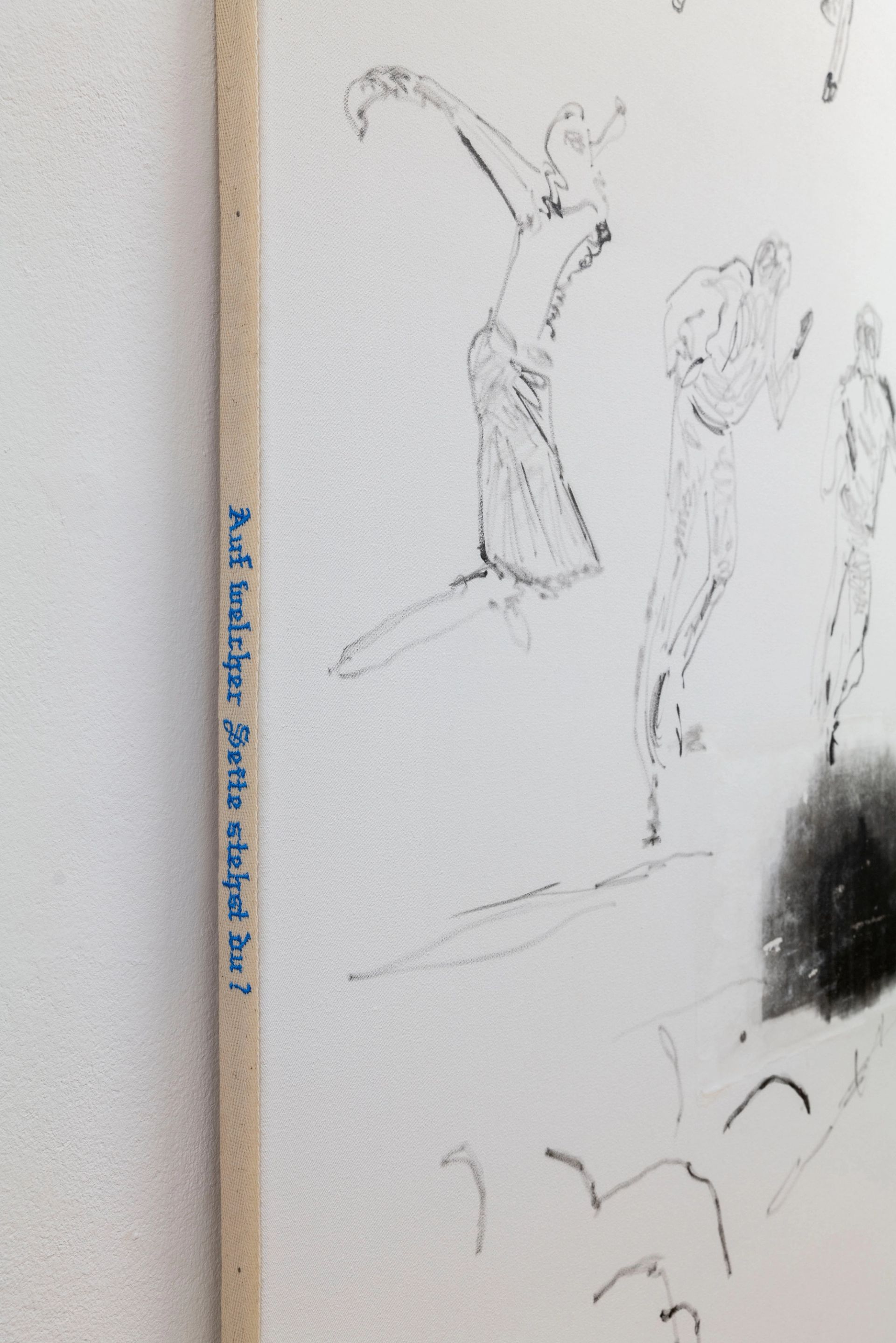 Malte Zenses, neulich, Jordan River [detail], 2024, oil, paper and band embroidery on canvas, 170 x 130 cm