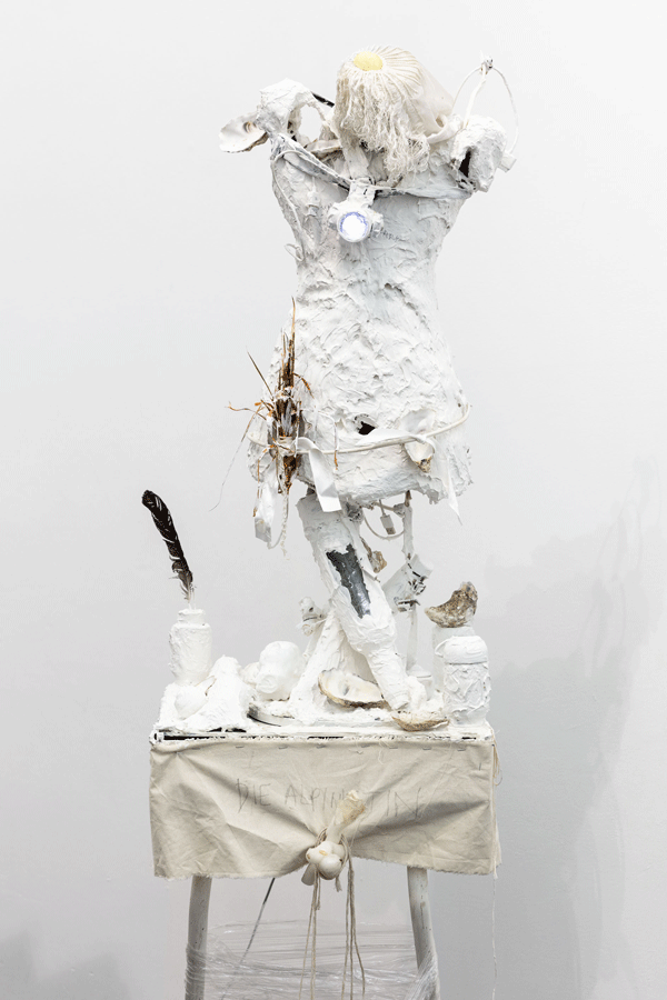 Anna McCarthy, Angel Alpinista, 2020, plaster, wood, acrylic, oyster shells, mixed media, 165 × 40 × 43 cm