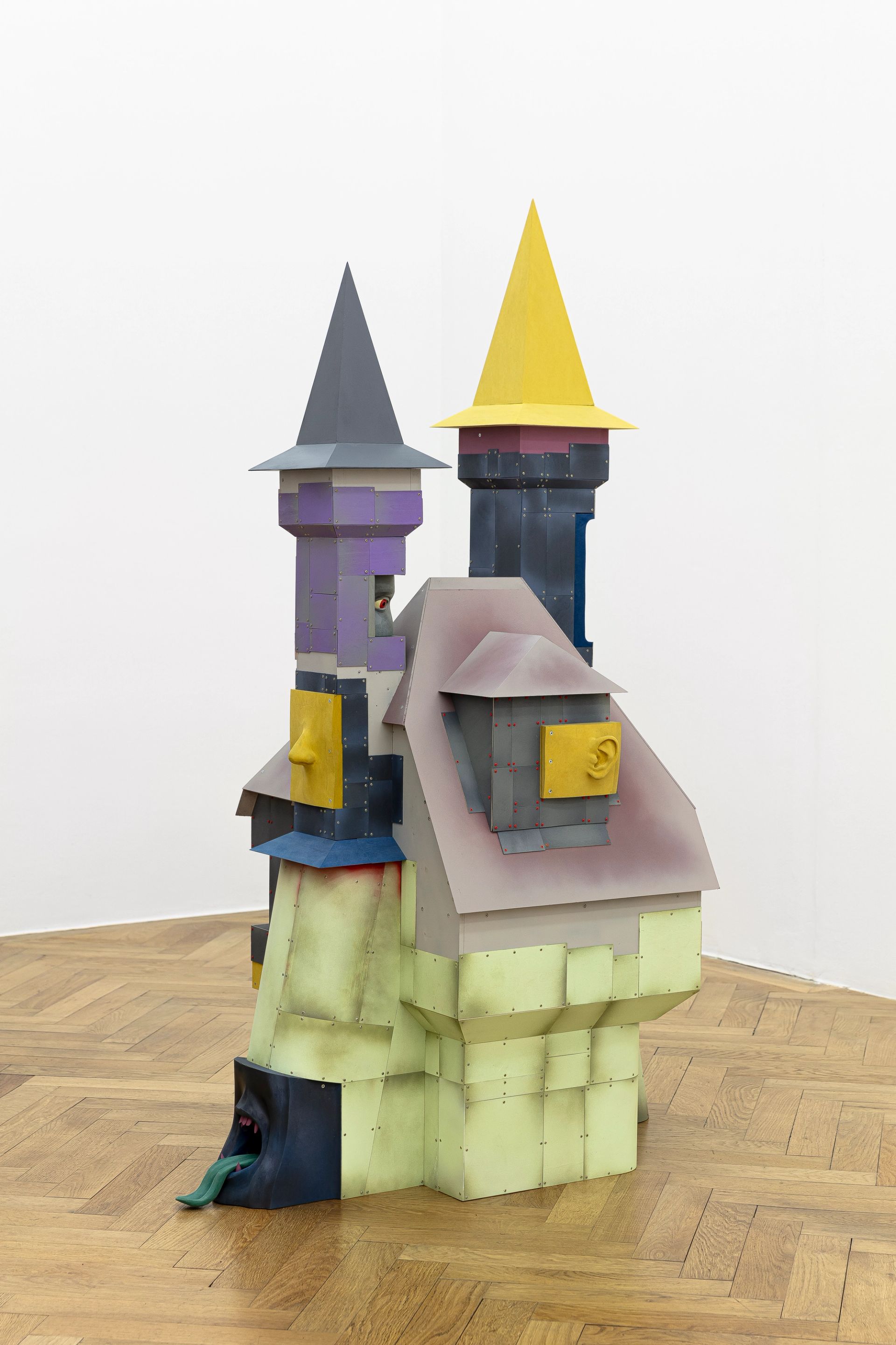 Lukas Hoffmann, Schloss, 2024, MDF, paper, wood, screws, spray-paint, 158 × 102 × 75 cm