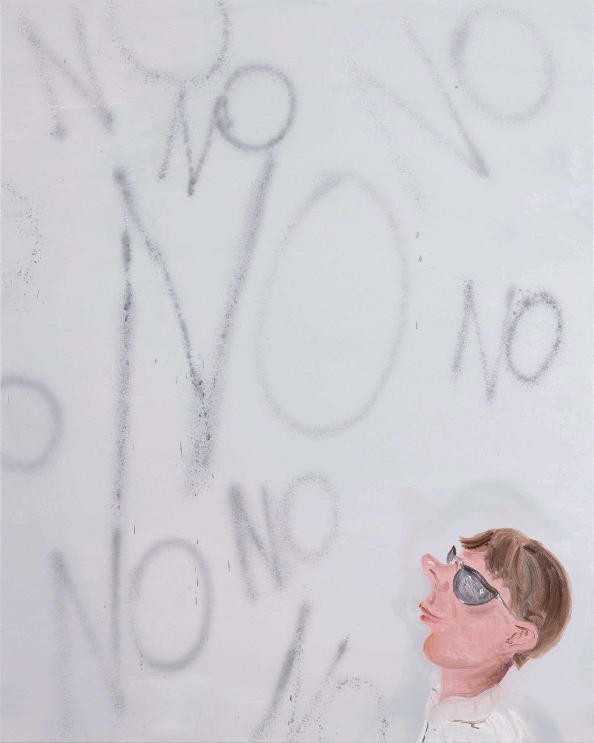 Jose Bonell, Slogan, 2025, oil and spray-paint on linen, 100 × 80 cm (Courtesy: Adams and Ollman, Portland)