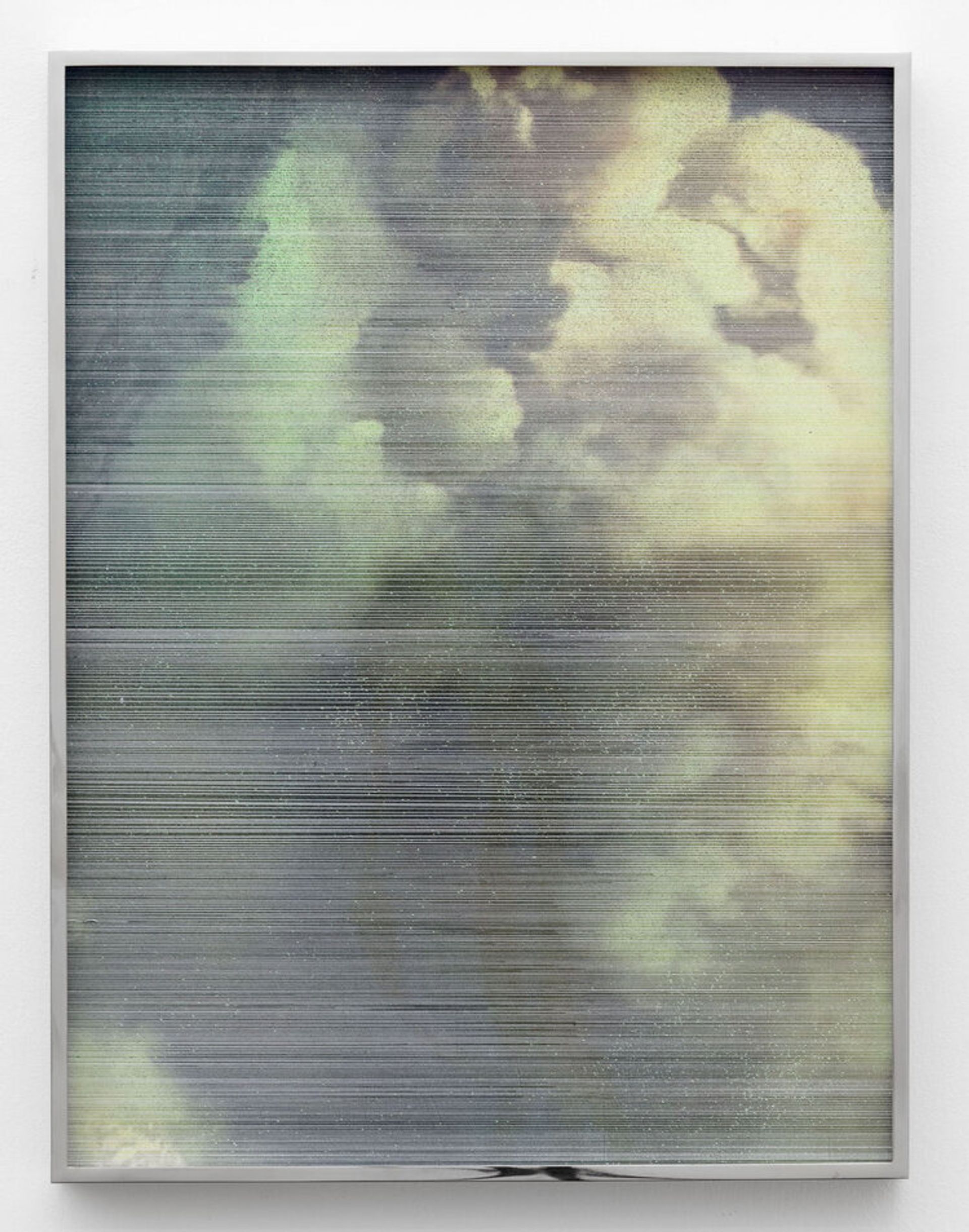 Anna Vogel, Clouds, 2019, lacquer on pigment print, scratched, framed in polished chrome, artglass, 54 × 51 cm
