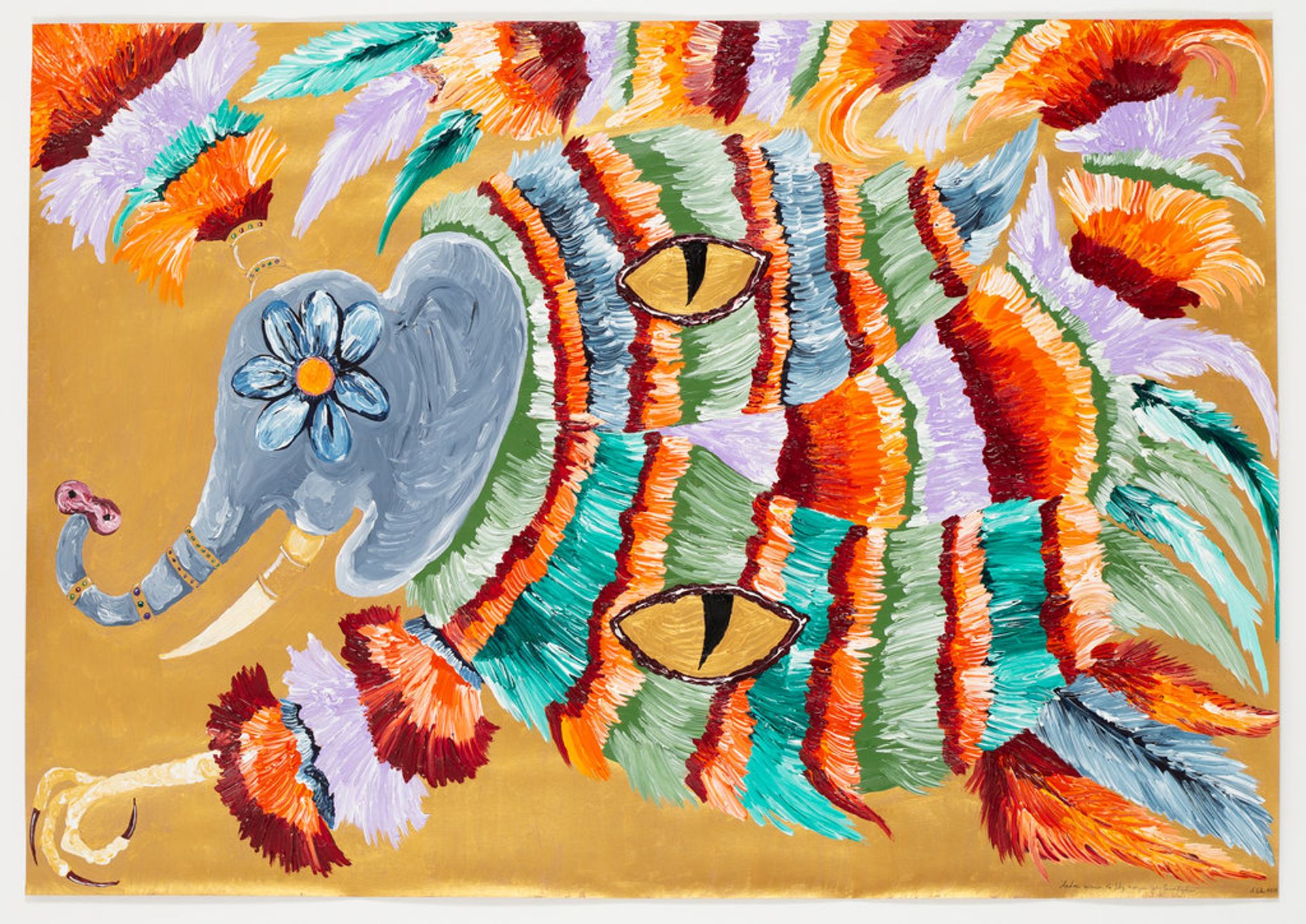 Andrew Gilbert, Andrew witnesses the Sky transform into Parrot Elephant, 2019, acrylic, fineliner and water colour on paper, 70 × 100 cm