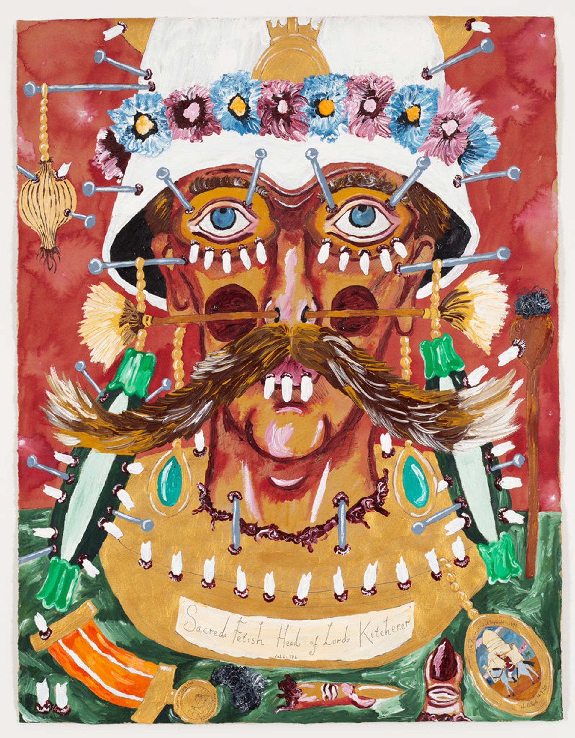 Andrew Gilbert, Sacred Fetish Head of Lord Kitchener, 2020, acrylic, fineliner and water colour on paper, 64 × 50 cm