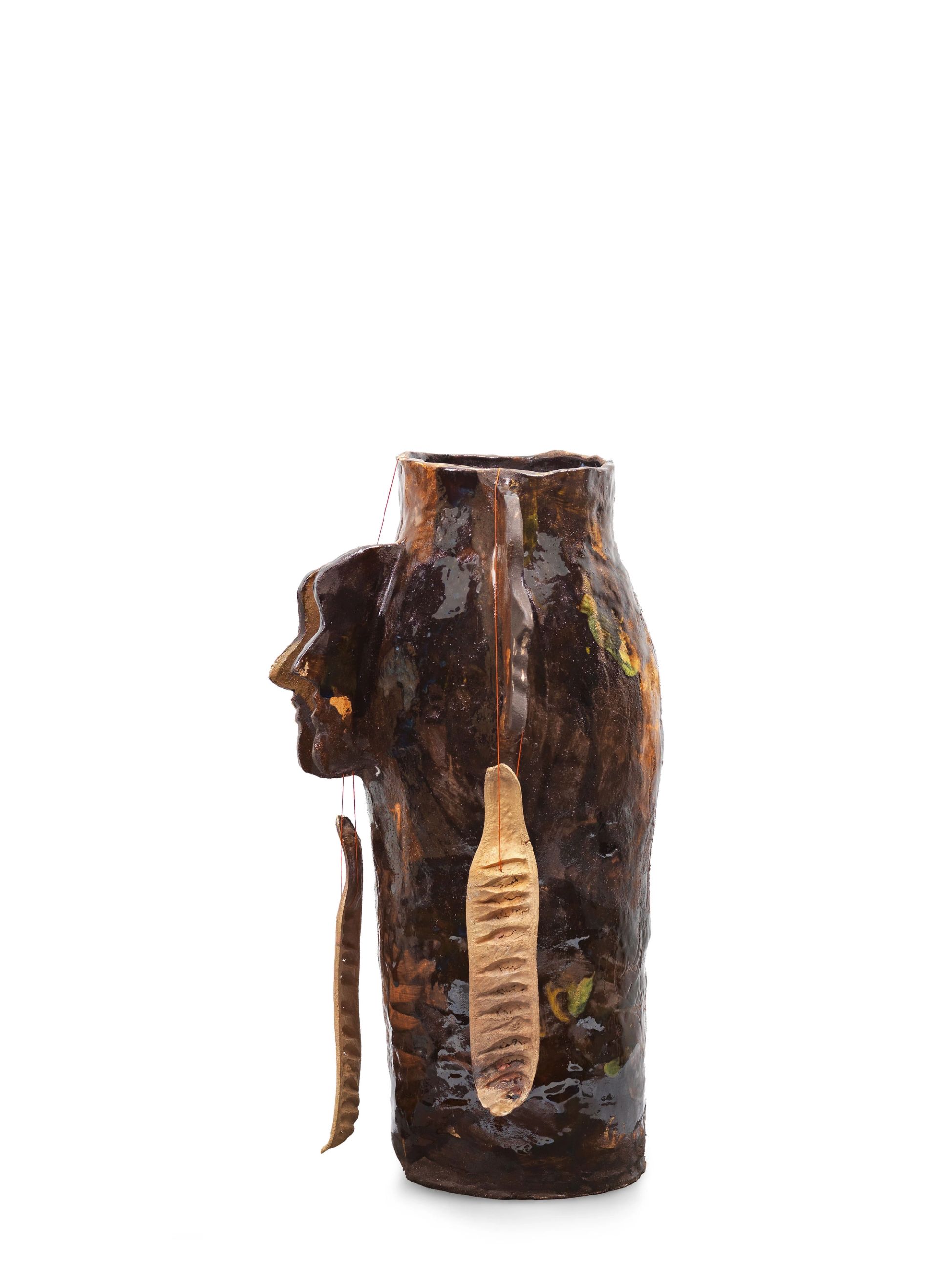 Anousha Payne, a vessel of collected echos, 2025, ceramic, bronze, cotton thread, 60 × 25 × 25 cm