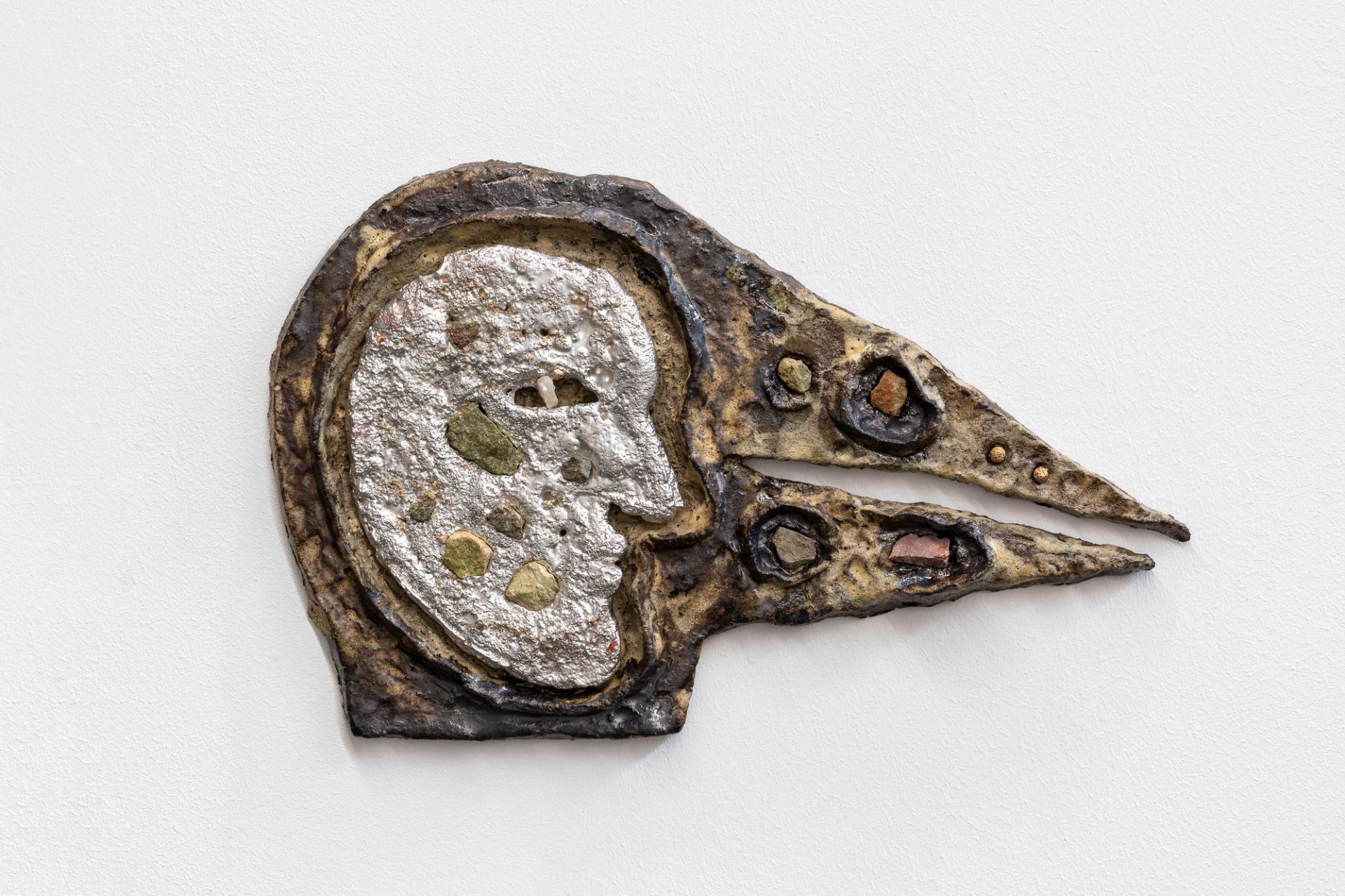 Anousha Payne, Bird Woman, 2024, glazed stoneware ceramic, pewter, stone, bronze, 33 × 50 × 3 cm