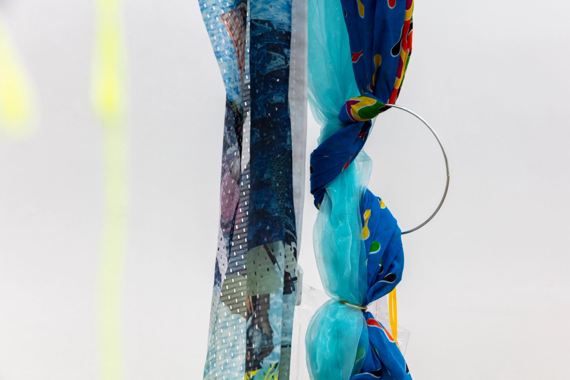Anna Ehrenstein, Convivial Fiber, 2021, Tools for Conviviality, sublimation-print on polyester, cotton, latex, pvc, metal, shoelaces, clothing hanger, reflective cord