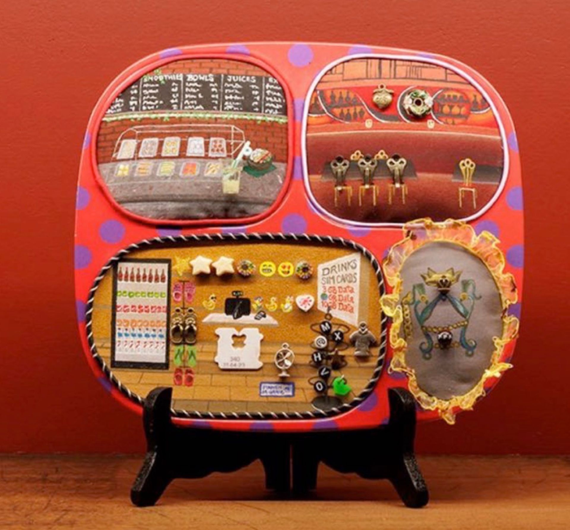 Ana Navas, Korte Reguliersdwarsstraat 14, 2024, plastic plate, acrylic, bijouterie, textile, 21 x 24 x 3 cm | 8 1/4 x 9 1/2 x 1 1/8 in
