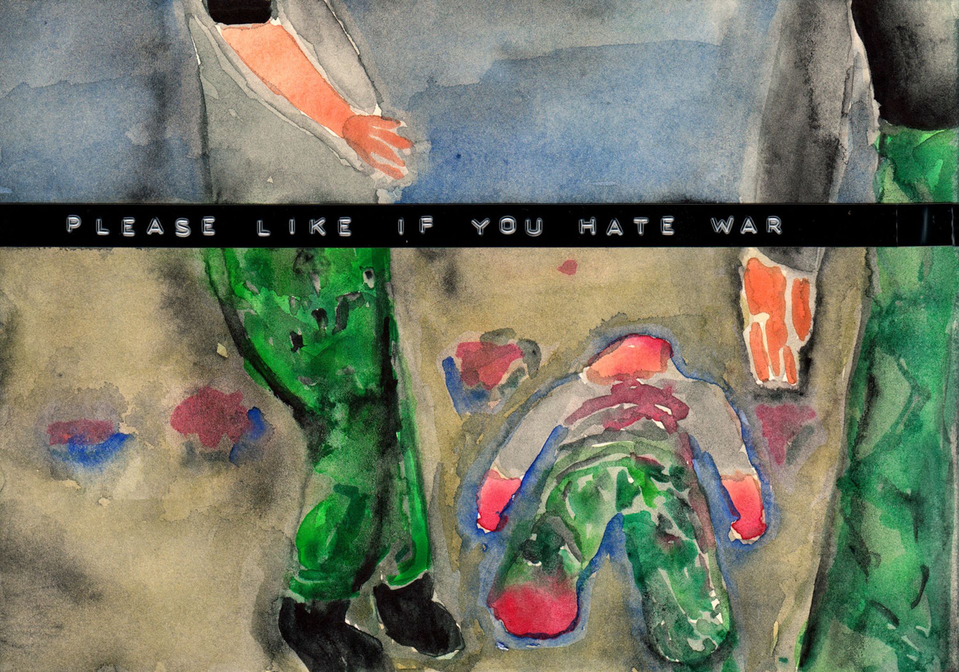 Sebastian Jung, Please like if you hate war, 2016, watercolor and labelmaker tape on paper, 14,8 × 21 cm 