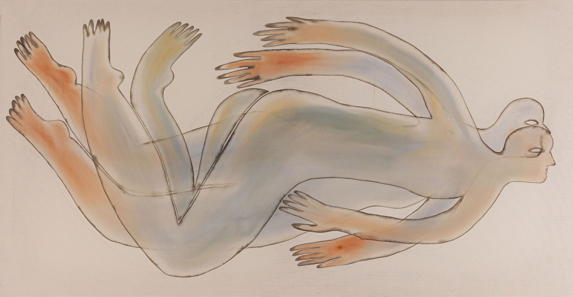 Anousha Payne, In stillness we float, 2025, watercolour and gel medium on stretched cotton, 80 x 170 cm | 31 1/2 x 66 7/8 in