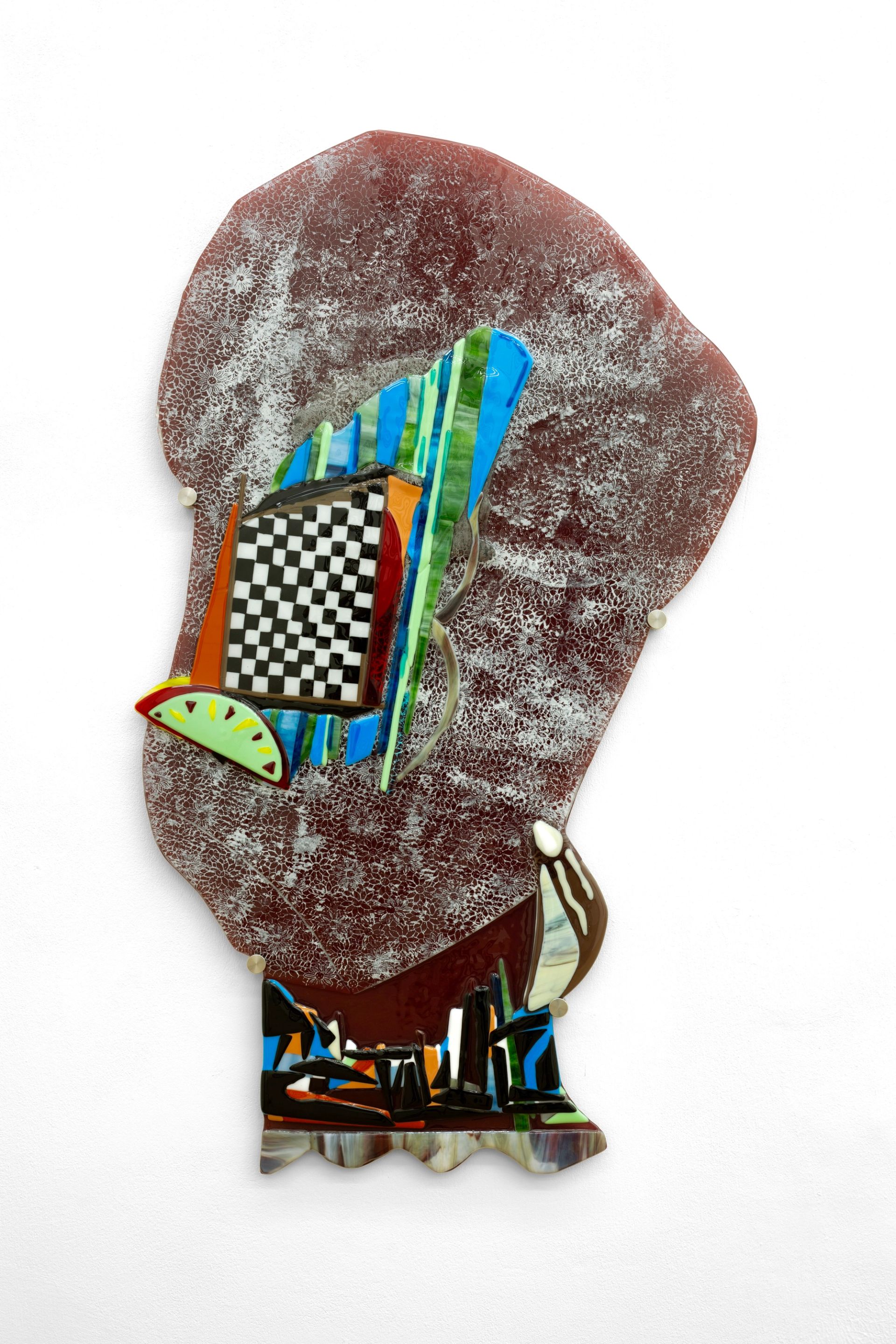 Ana Navas, Spanish lace with an orange mouth, 2023, fused glass, 108 x 64 x 2 cm | 42 1/2 x 25 1/4 x 3/4 in