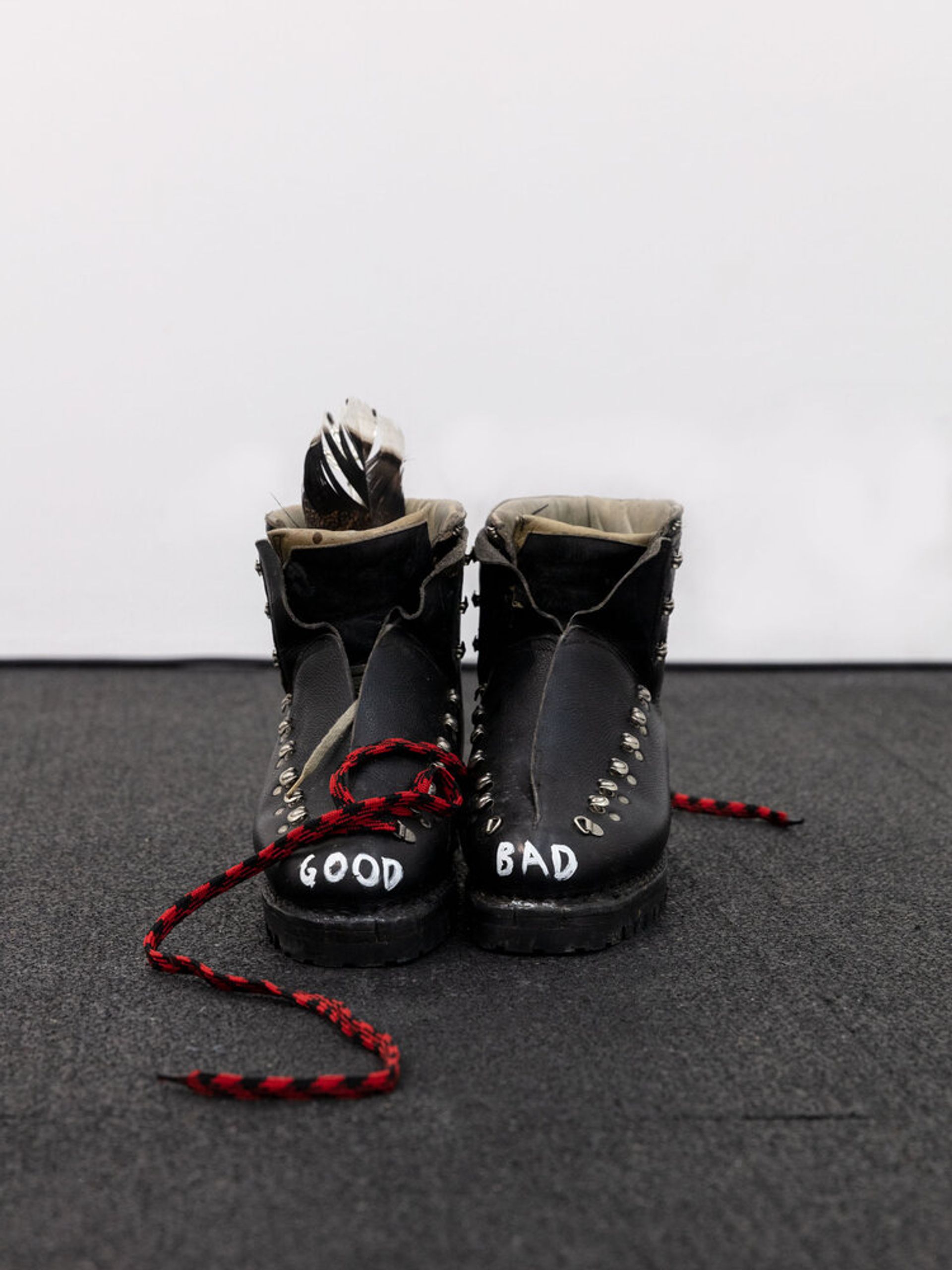 Anna McCarthy, Good Bad Boots, 2020, acrylic on Leather Boots, 20 × 23 × 30 cm