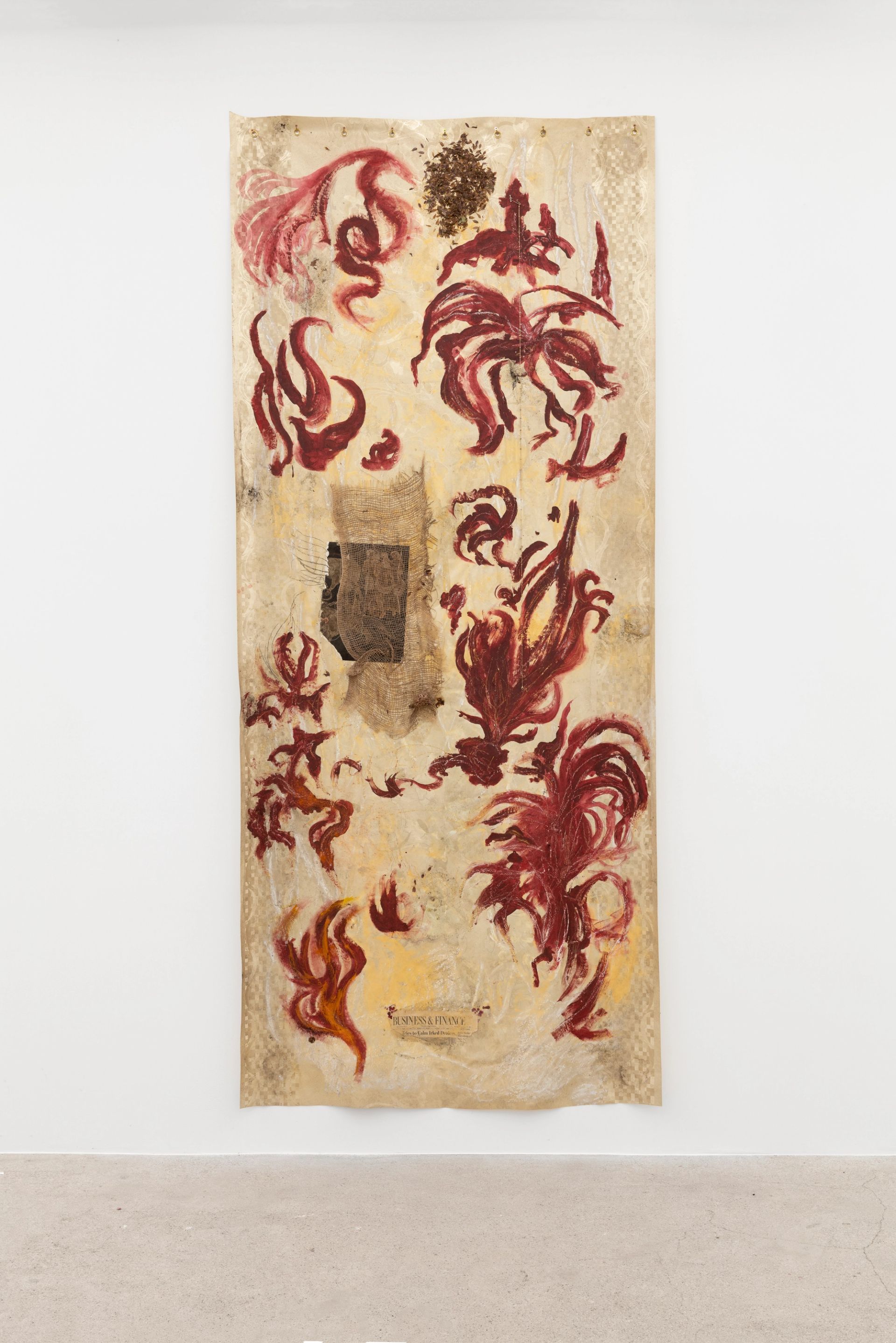 Anna McCarthy, Tansy (business & finance), 2025, acrylic, charcoal, hemp, wax, mixed media on chrome-plated waxcloth, 315 × 137 cm