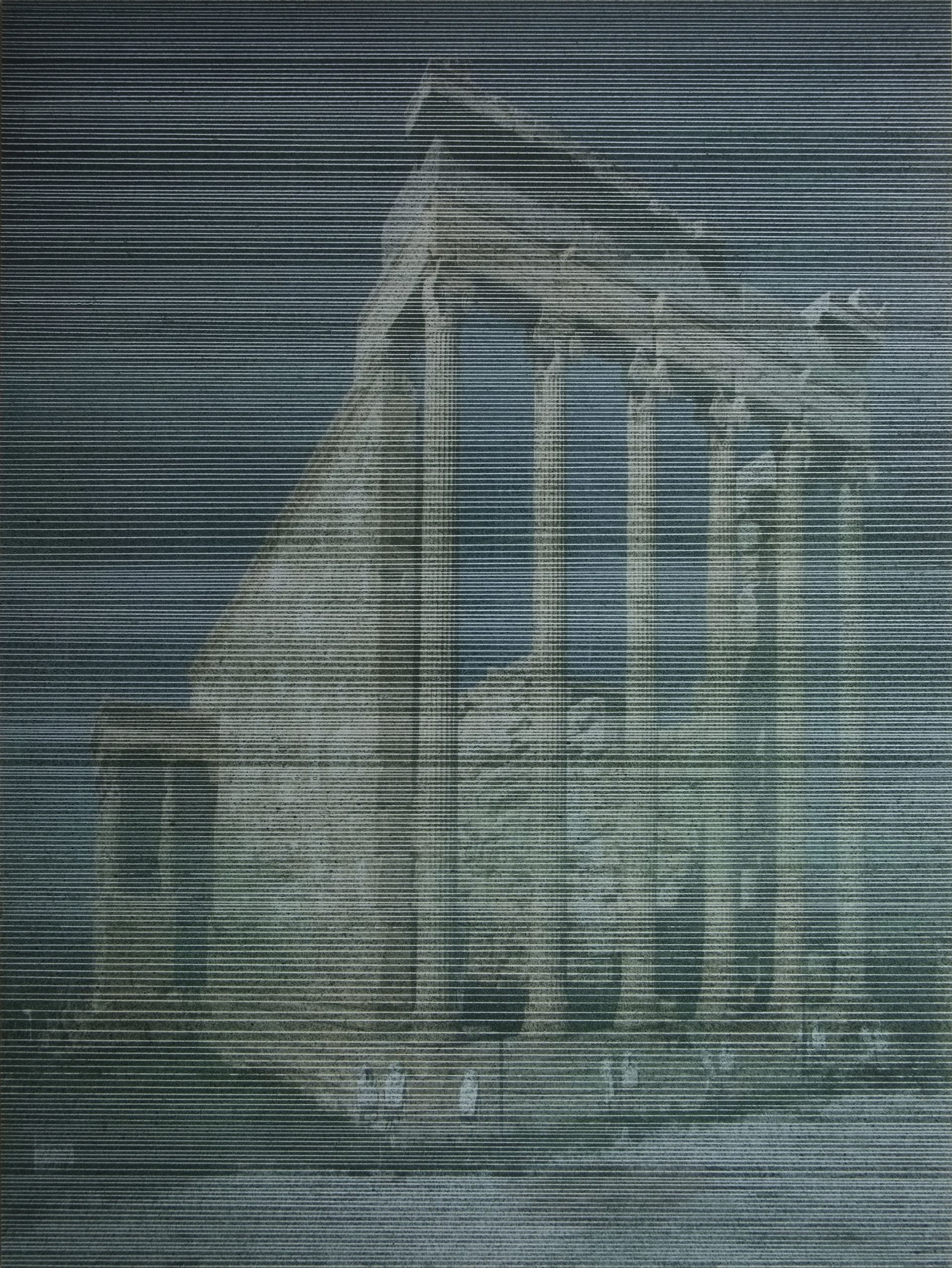 Temples IX,, 2018, Lacquer on pigment print, scratched, 40 × 30 cm