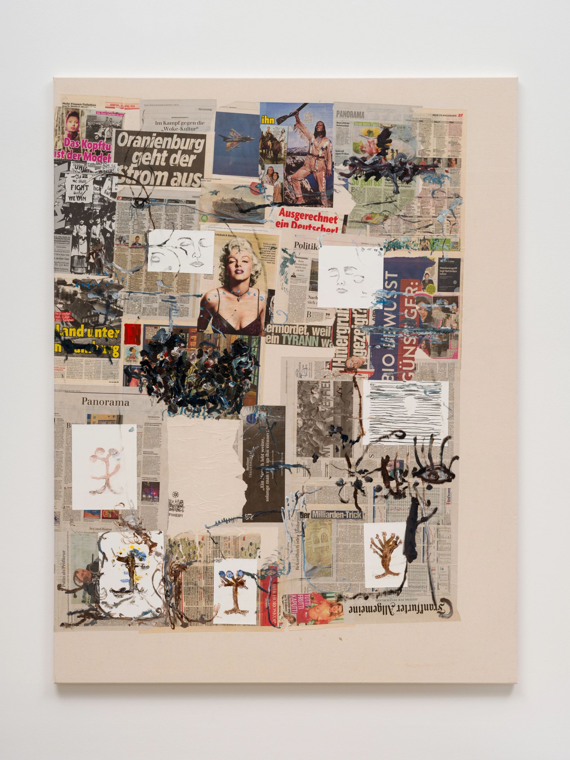 Malte Zenses, Oranienburg geht der Strom aus, 2024, paper collage, drawing and oil on canvas, 170 x 130 cm