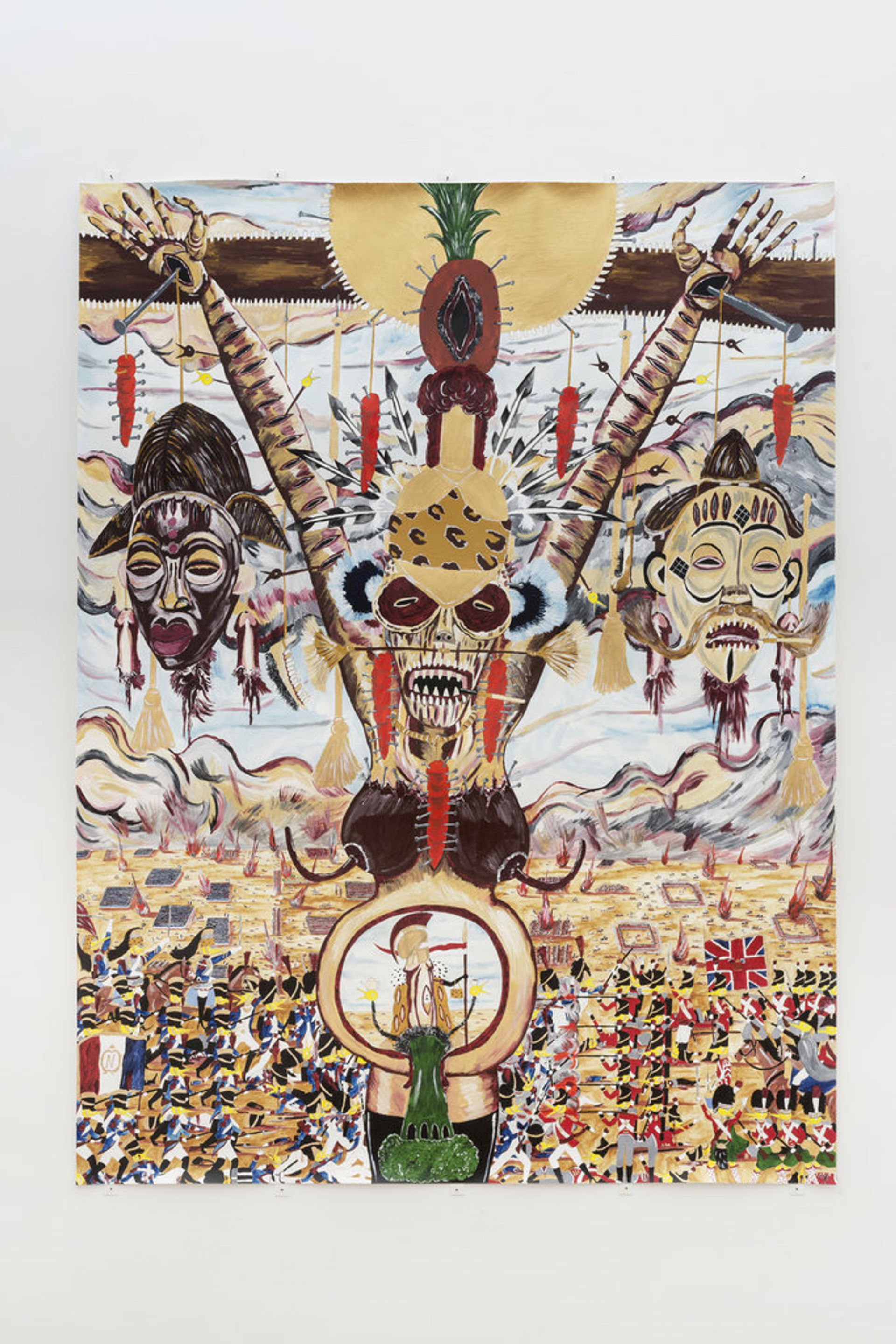 Andrew Gilbert, The Death of Shaka Napoleon and Birth of the Holy Brocoli, 1815, 2014, acrylic, water colour and fineliner on paper, 200 × 150 cm